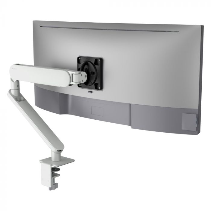 A gray and white Ora monitor arm with a clamp mechanism, designed to attach to a monitor.