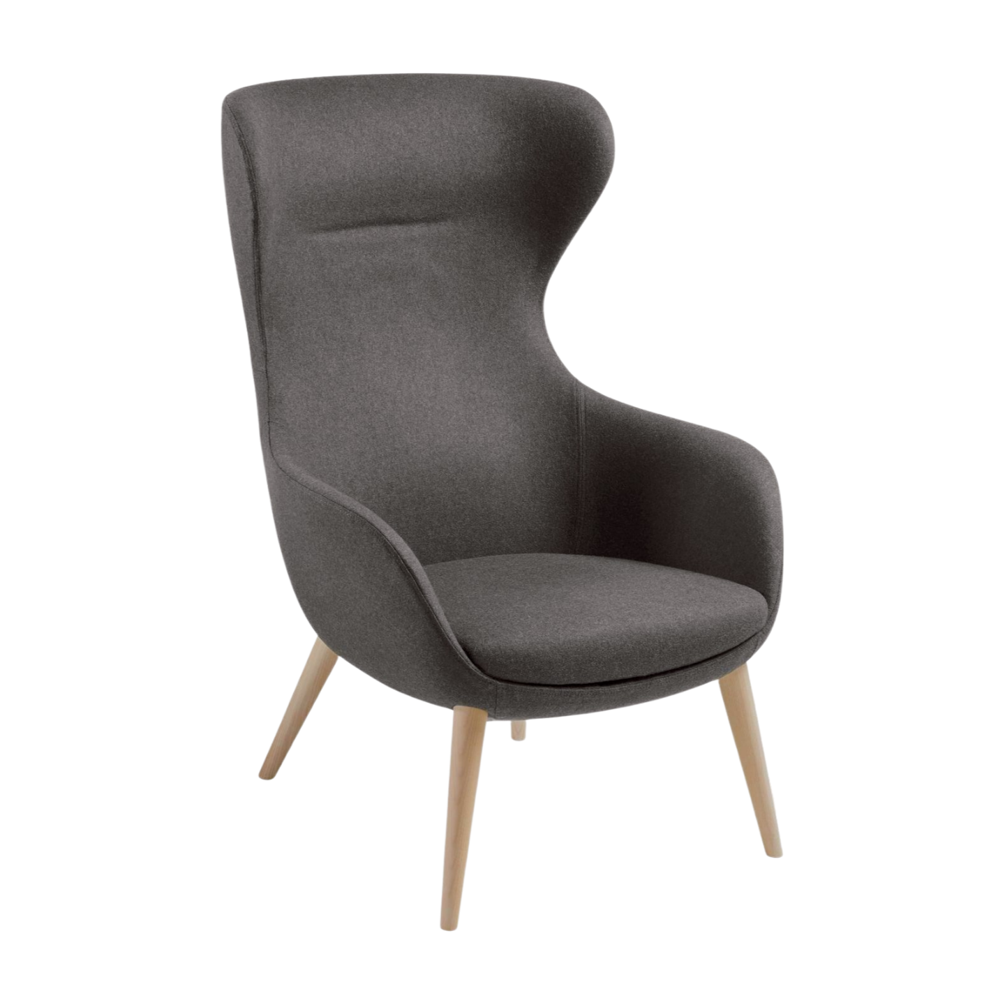 Gray upholstered chair with wooden legs on a white background