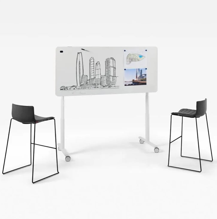 Whiteboard with images on a stand, flanked by two black stools on a white background