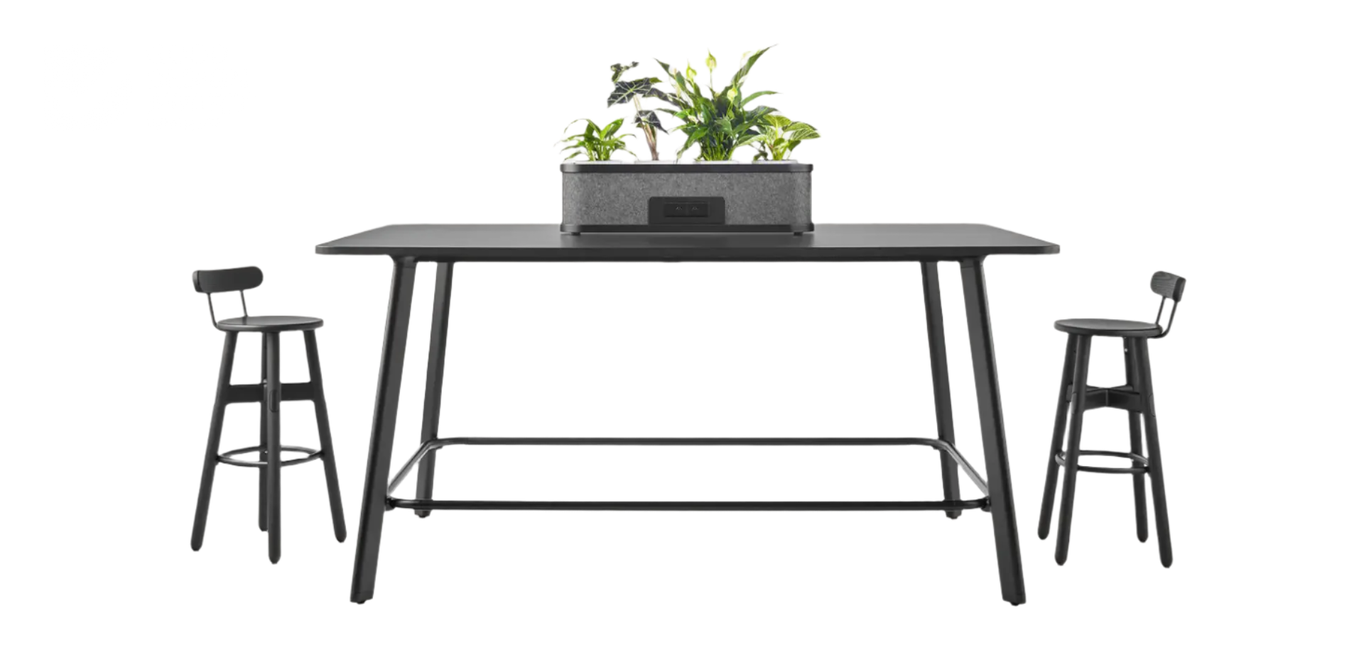 Rosie rectangular meeting table (standing height) positioned with chairs and planter accessory.