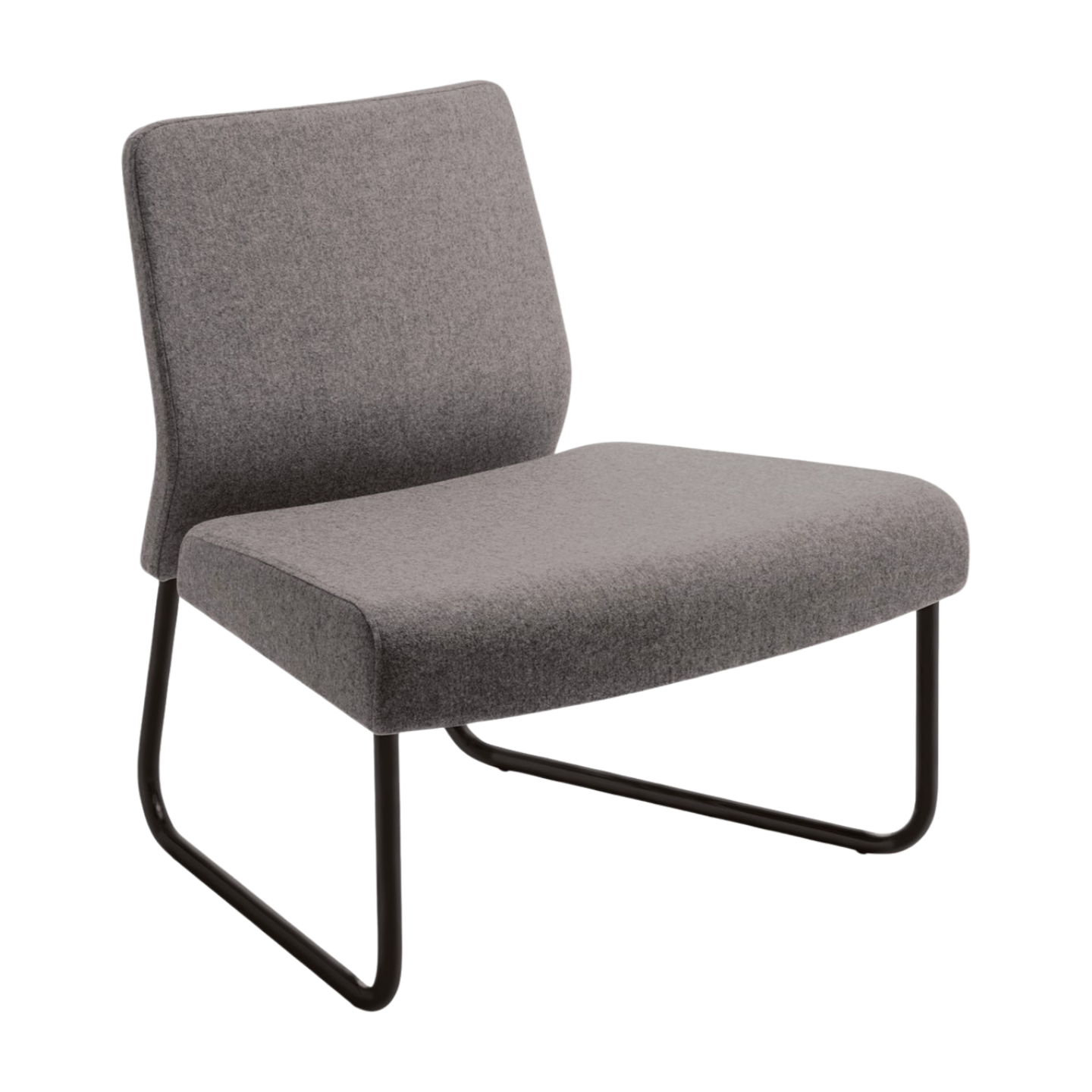 Gray upholstered chair with black metal legs on a white background