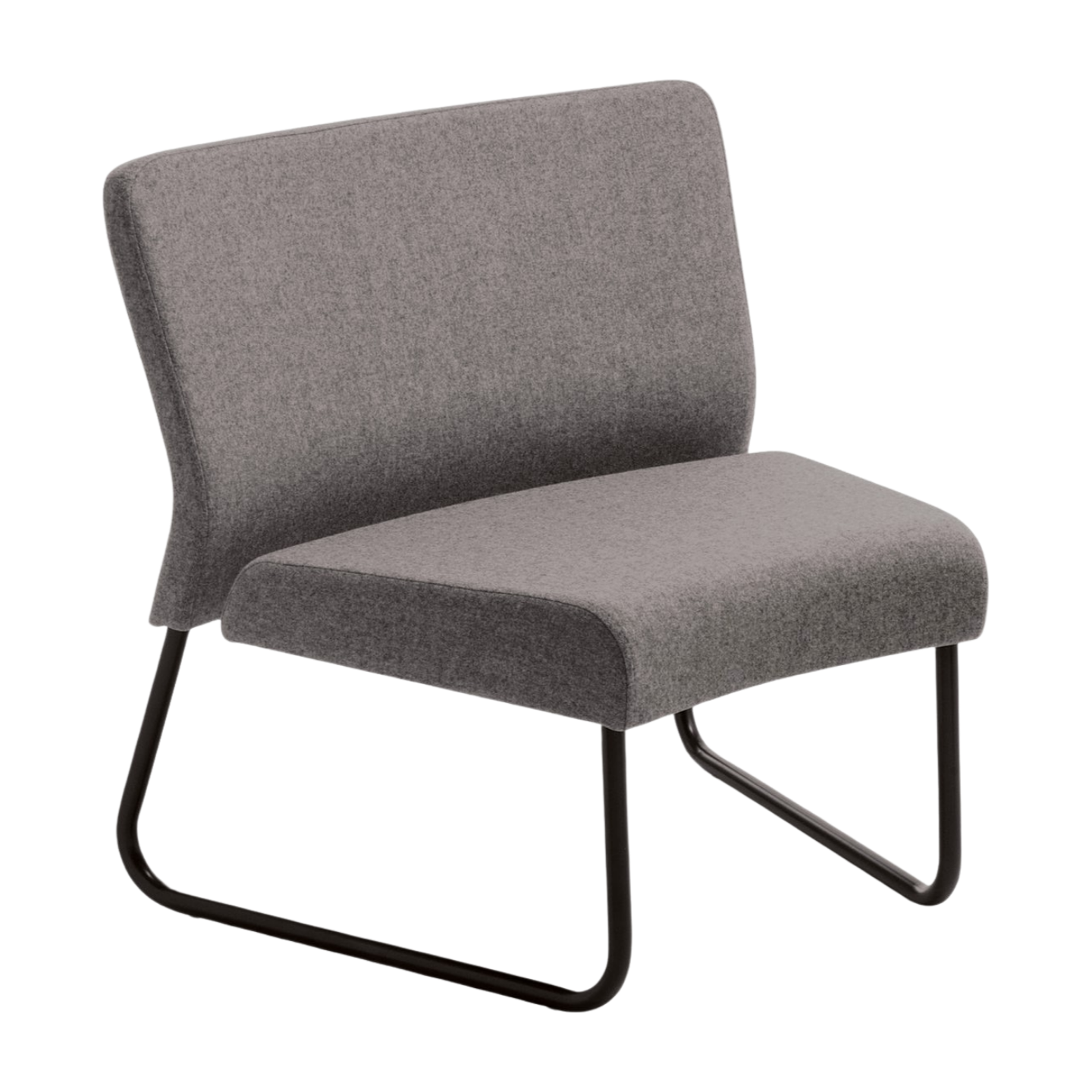 Gray upholstered chair with black metal legs on a white background