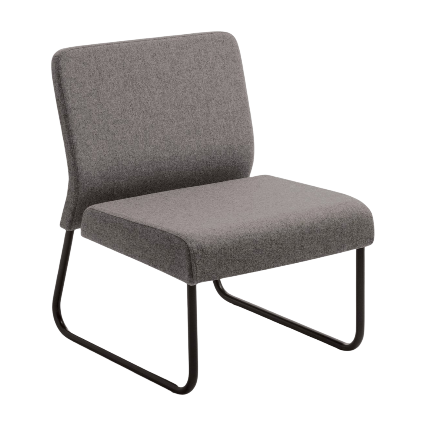 Gray upholstered chair with black metal legs on a white background
