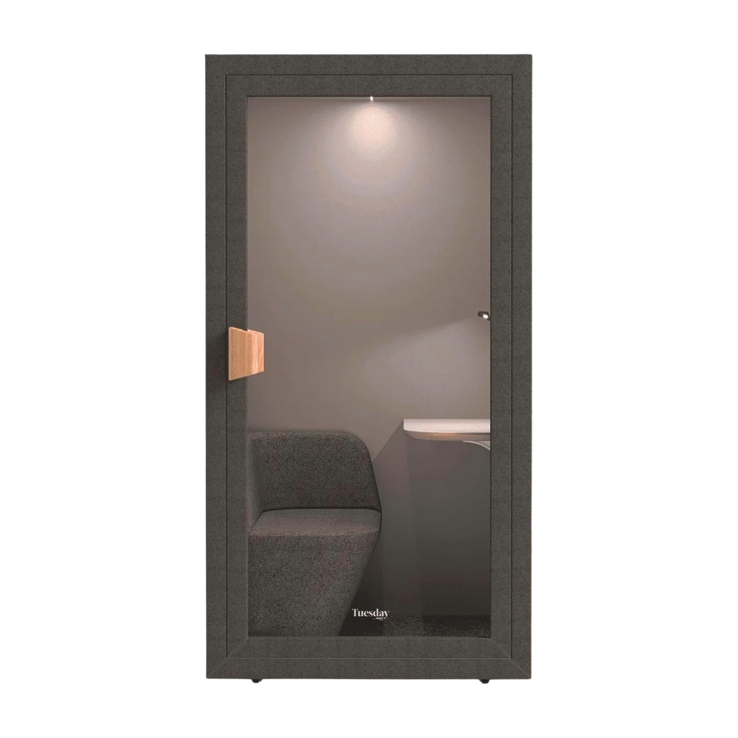 Modern glass door with a chair and table inside, featuring the brand 'Tresag'.