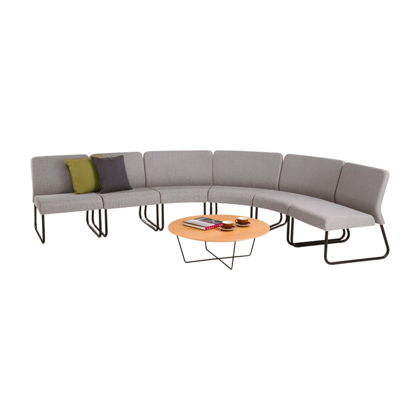 Gray curved sectional sofa with a small round table on a white background