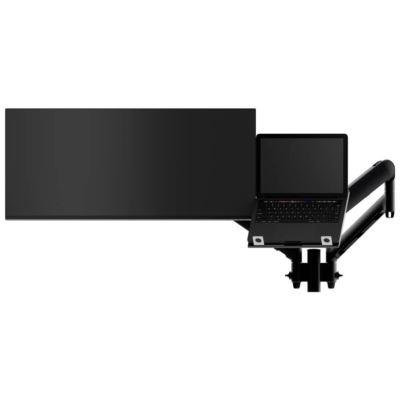 Black laptop stand with a laptop on a white background