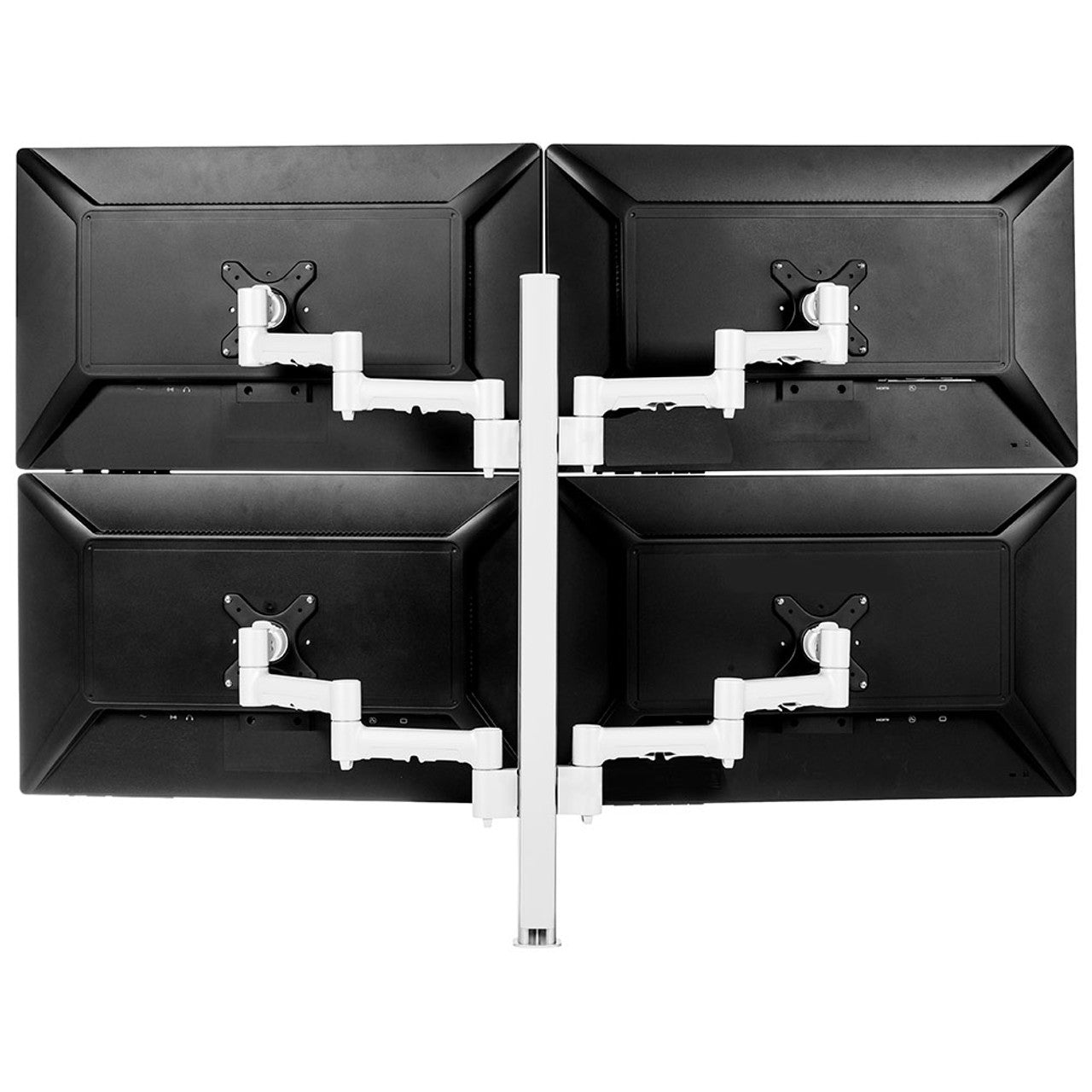 Black monitor stand with four arm extensions on a white background