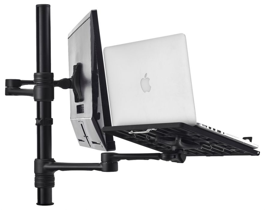 An adjustable black LCD arm mount with a laptop holder, designed for mounting a monitor and a laptop on a desk.