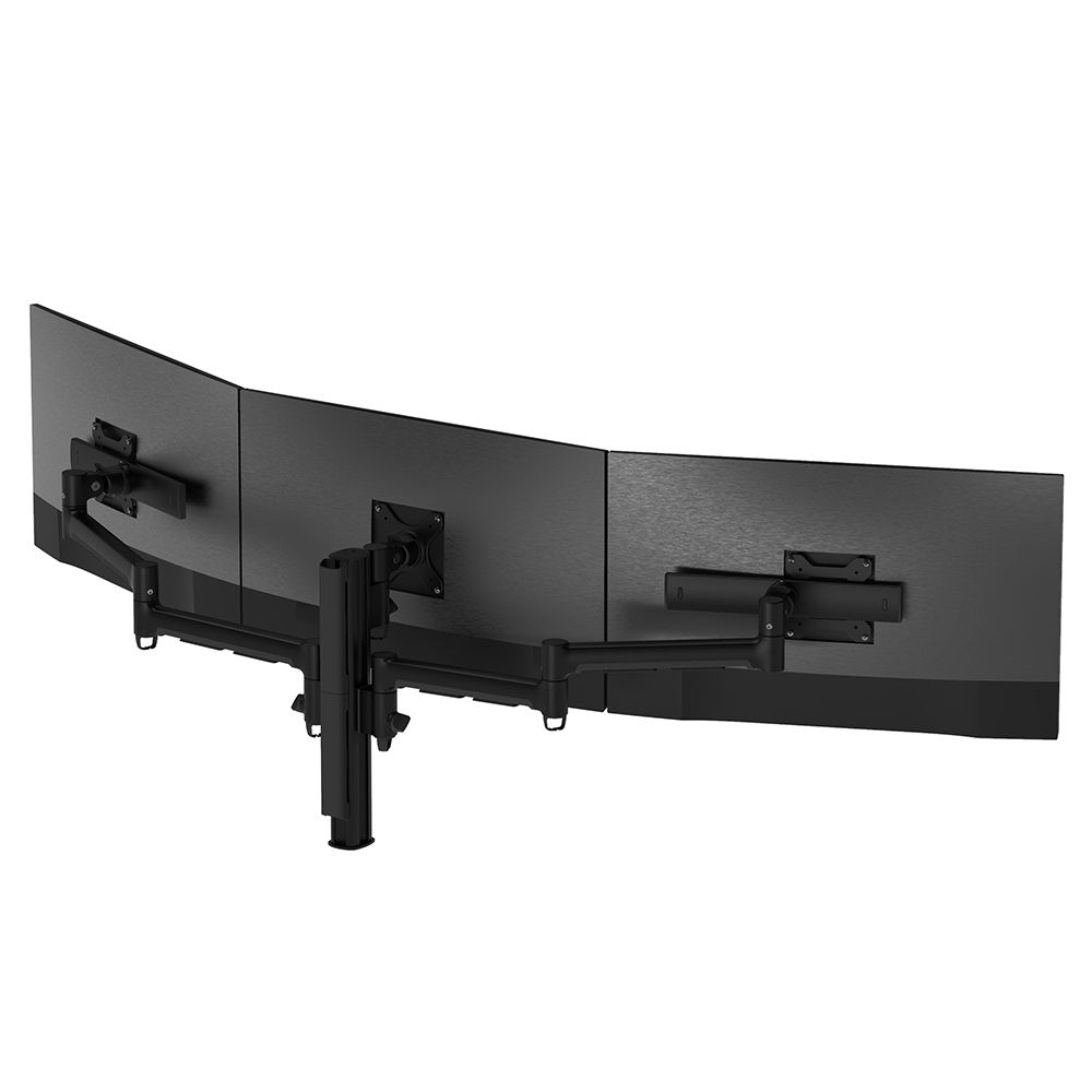 A triple LCD monitor arm with sliders, colored in black, attached to a post, designed for mounting on a desk.