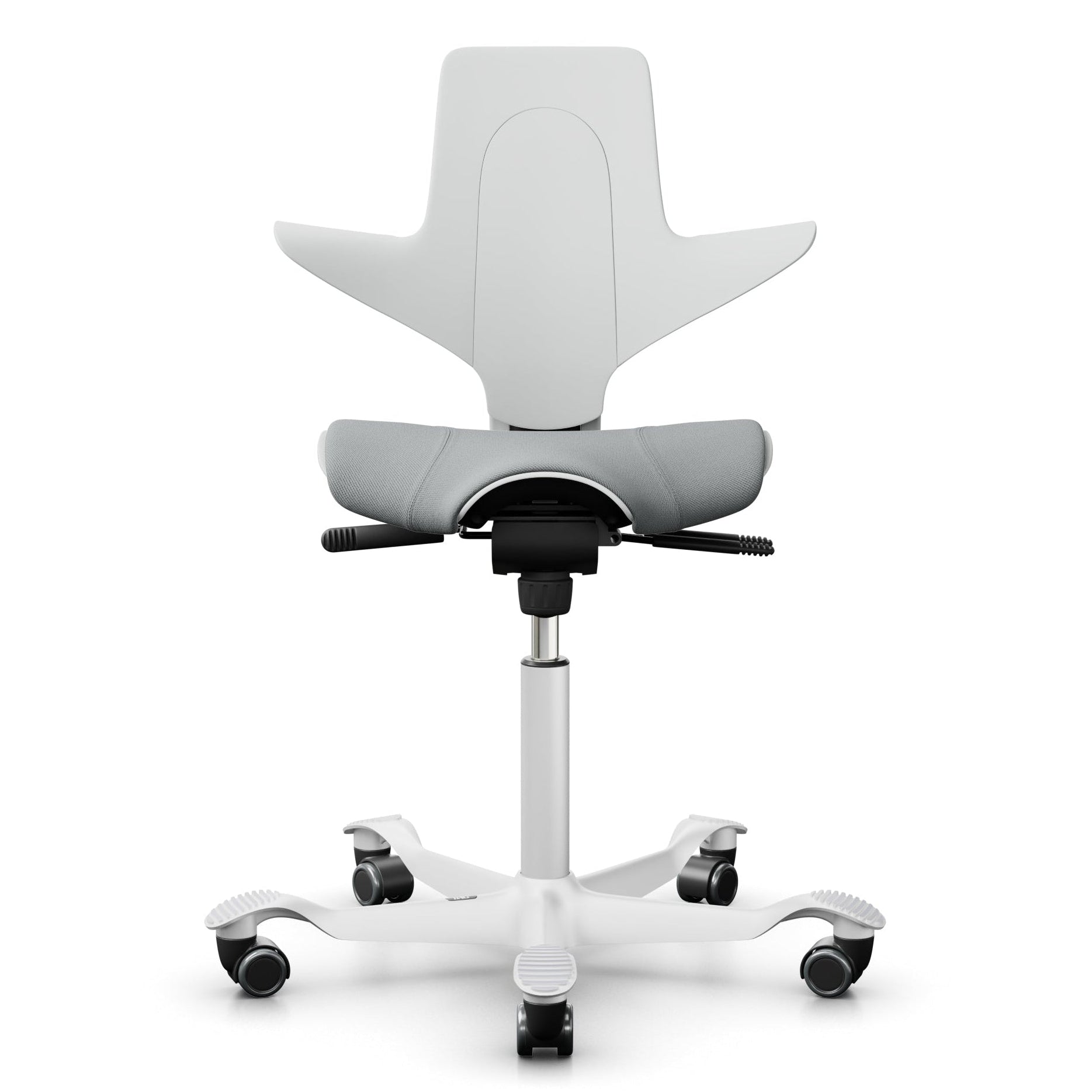 A White HÅG Capisco PULS 8020 ergonomic office chair with a saddle seat, adjustable height, and a five-point base with casters.