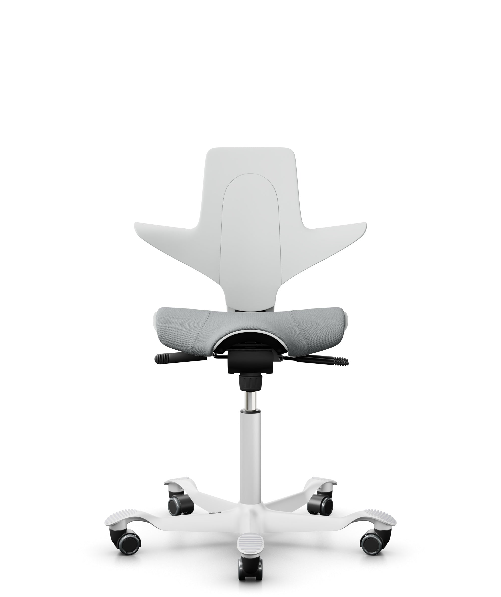 A White HÅG Capisco PULS 8020 ergonomic office chair with a saddle seat, adjustable height, and a five-point base with casters.