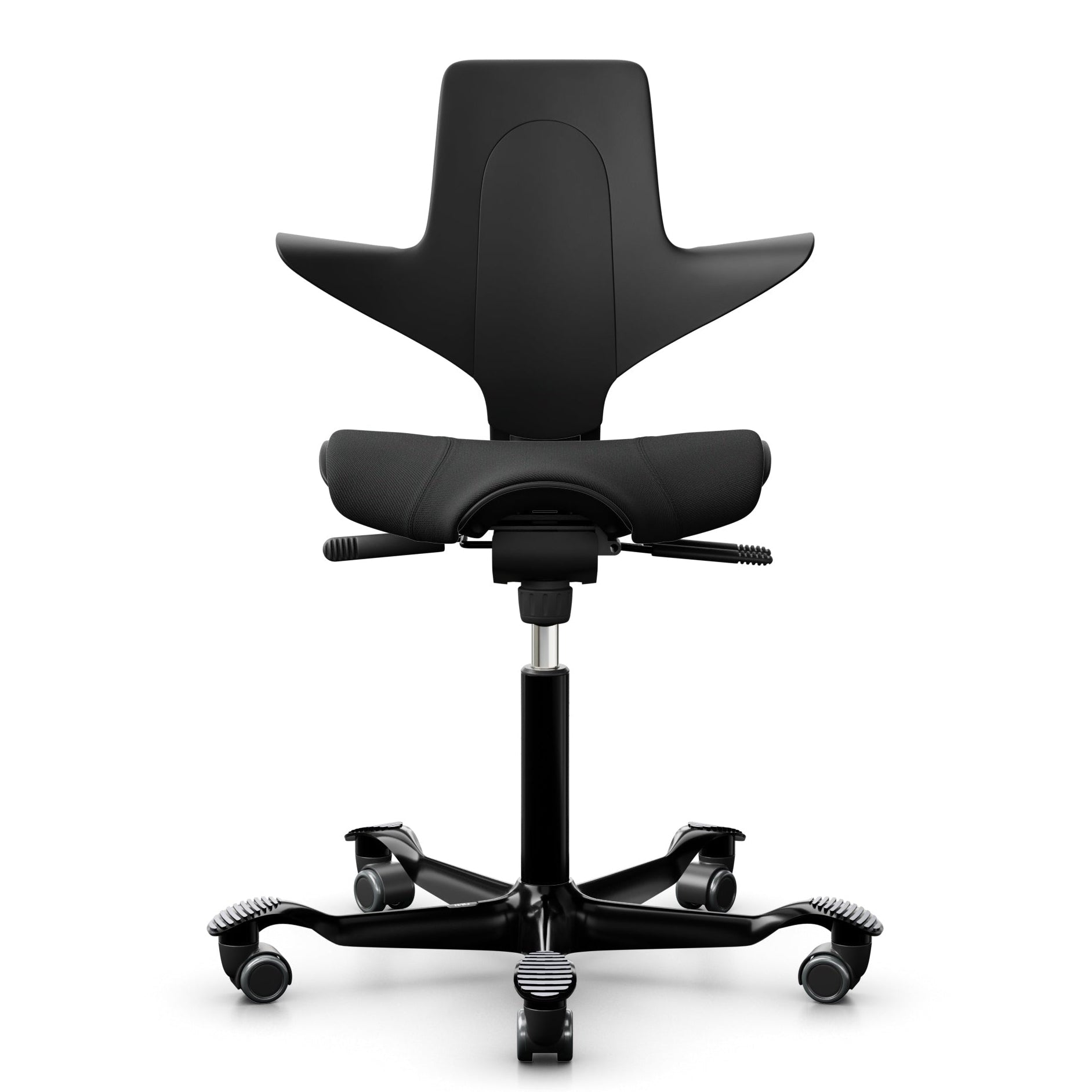 A black HÅG Capisco PULS 8020 ergonomic chair with a saddle seat, foot support, and adjustable height.