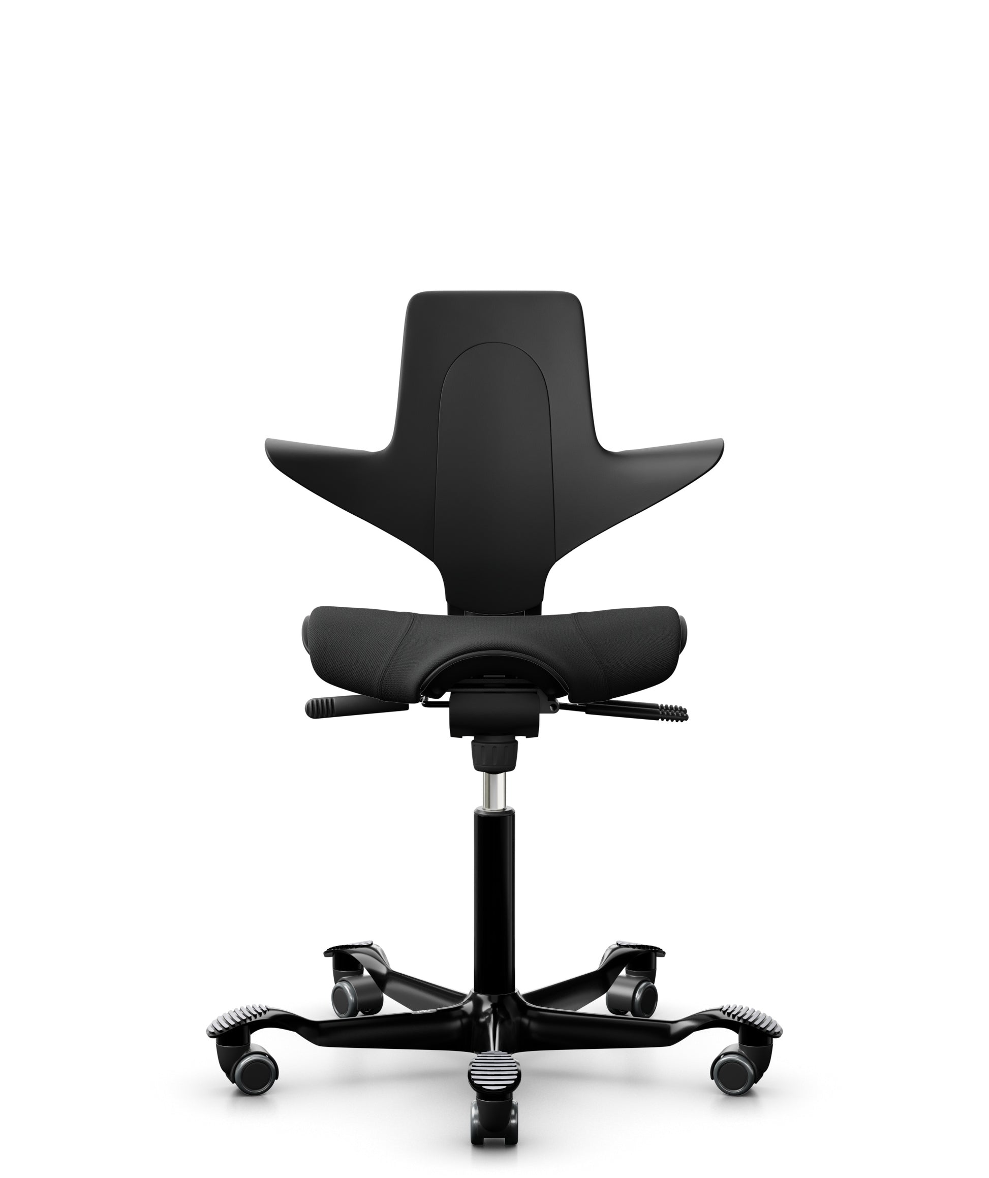 A black HÅG Capisco PULS 8020 ergonomic chair with a saddle seat, foot support, and adjustable height.