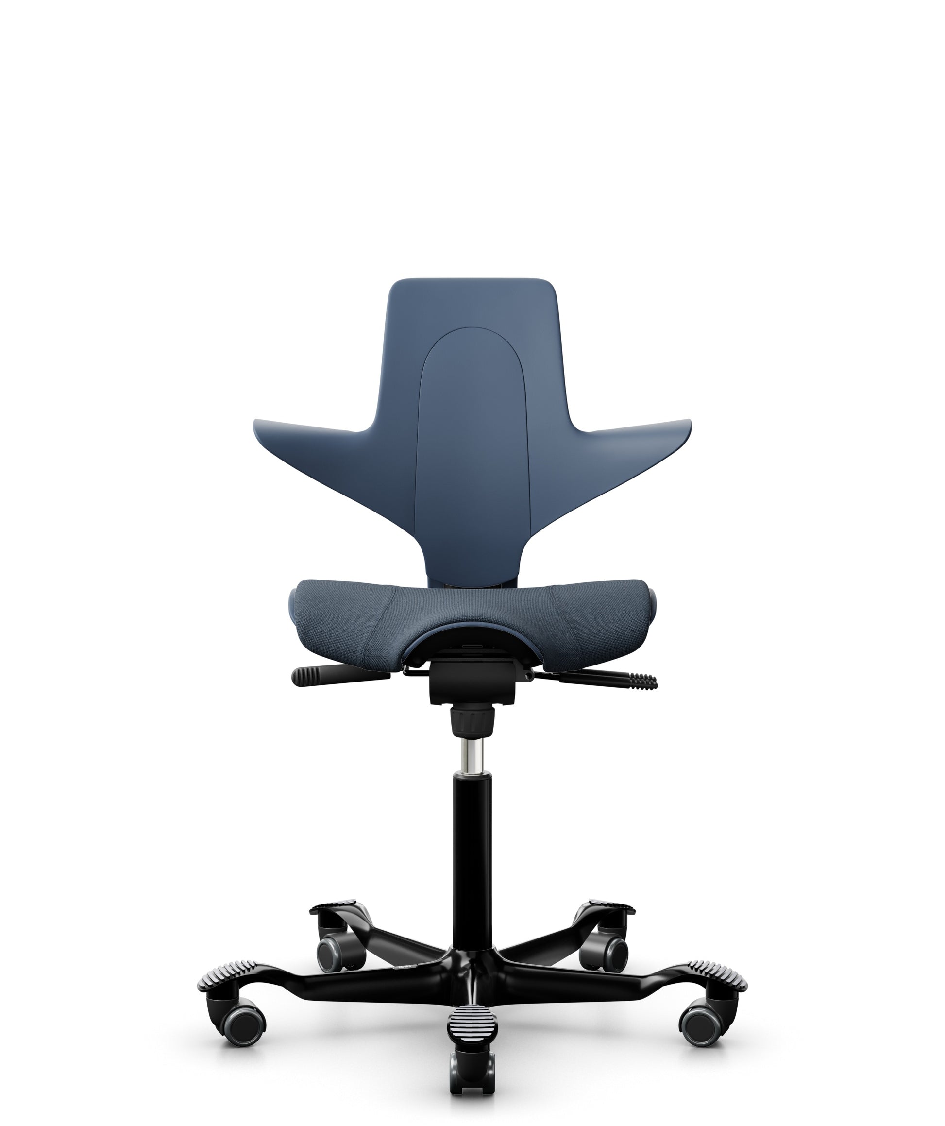 A Blue HÅG Capisco PULS 8020 ergonomic office chair with a saddle seat, adjustable height, and a five-point base with casters.