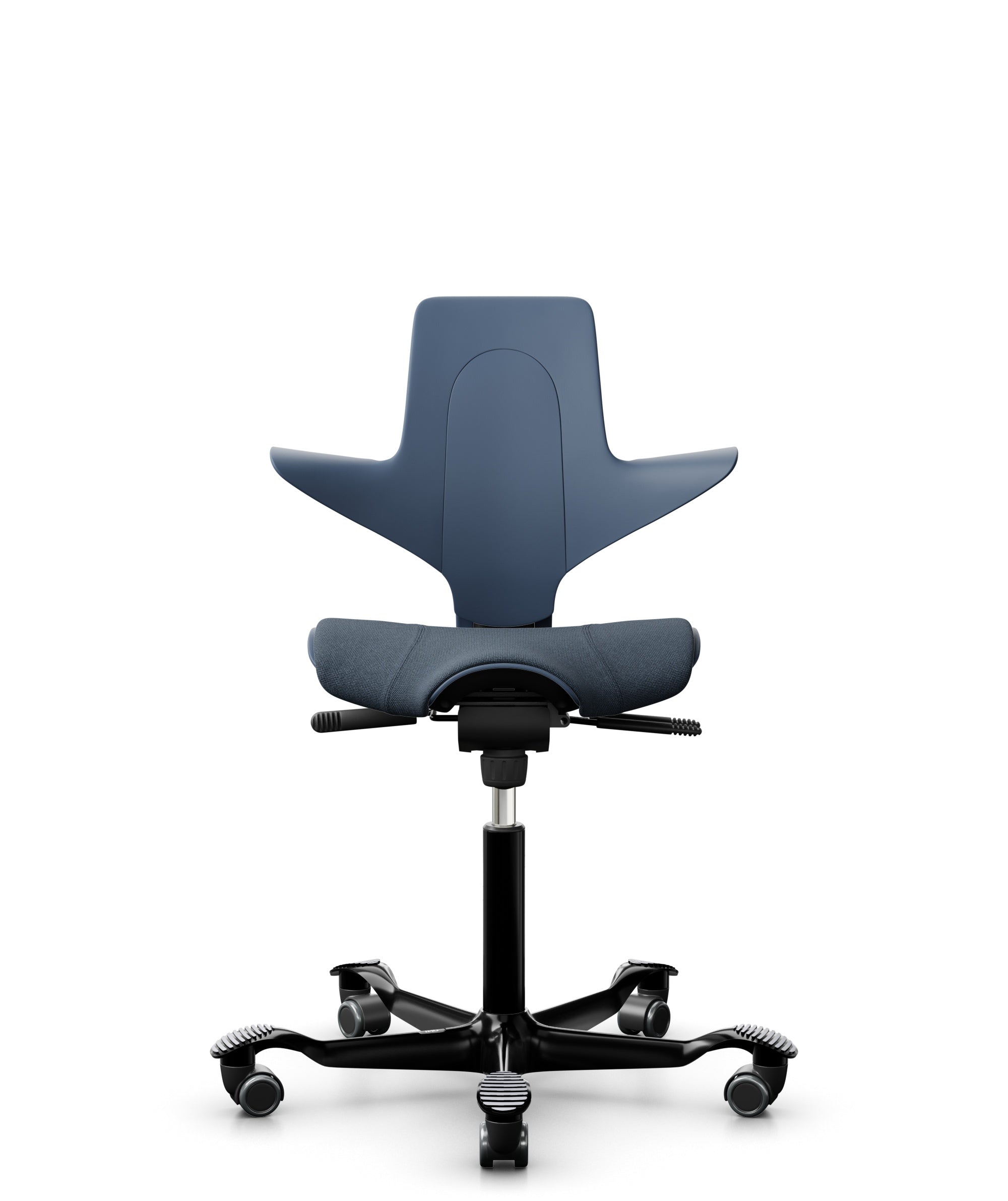 A Blue HÅG Capisco PULS 8020 ergonomic office chair with a saddle seat, adjustable height, and a five-point base with casters.