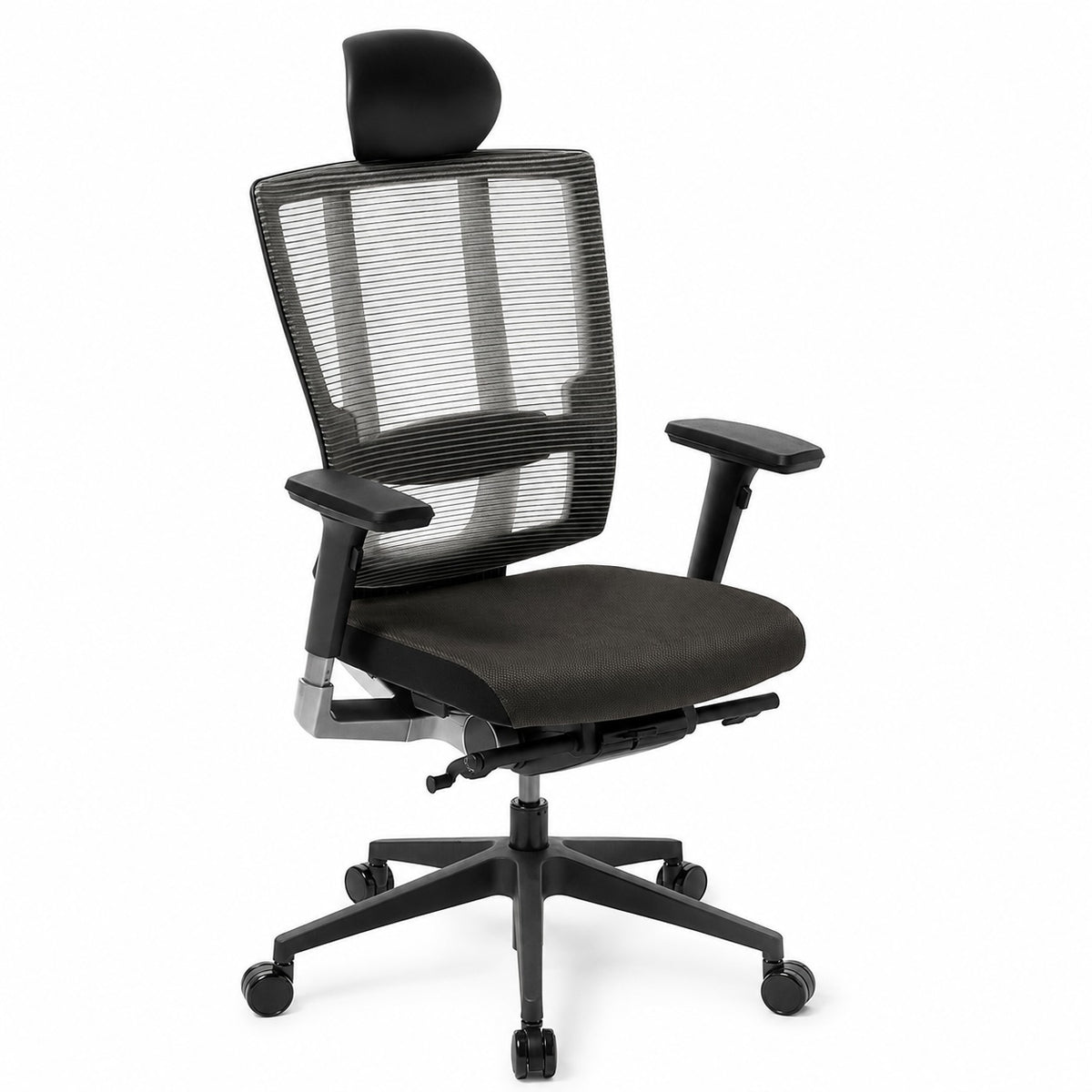 A modern black mesh office chair with a padded headrest, adjustable armrests, and a five-star wheeled base, shown against a plain white background.