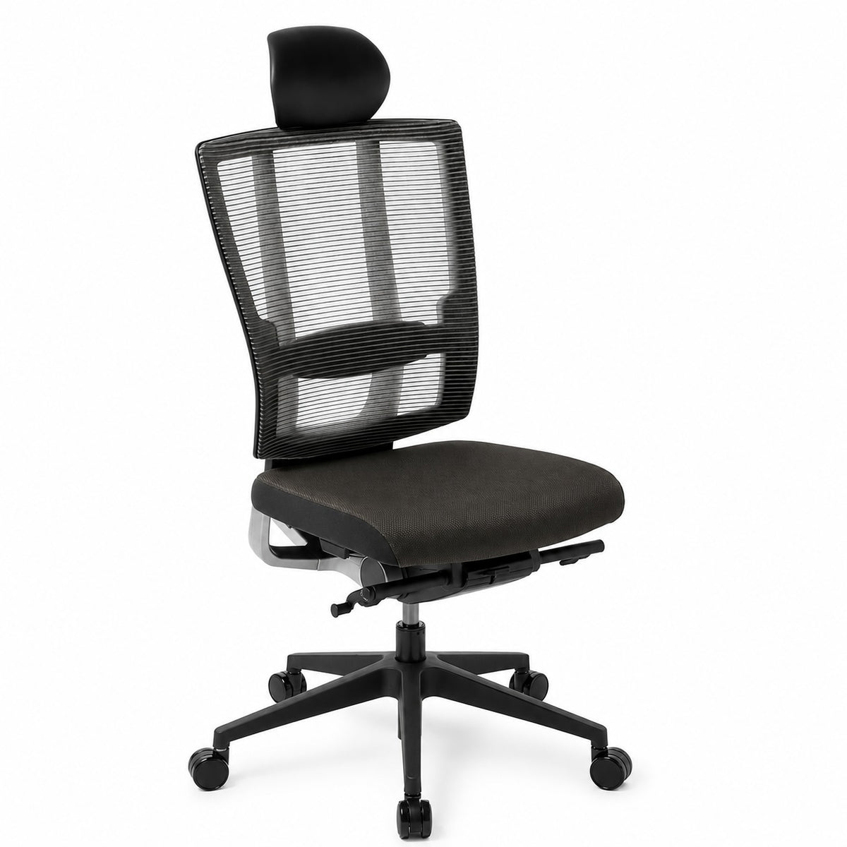 A black mesh office chair with a padded black seat, adjustable five-star base, and a matching headrest pillow, shown against a plain white background.