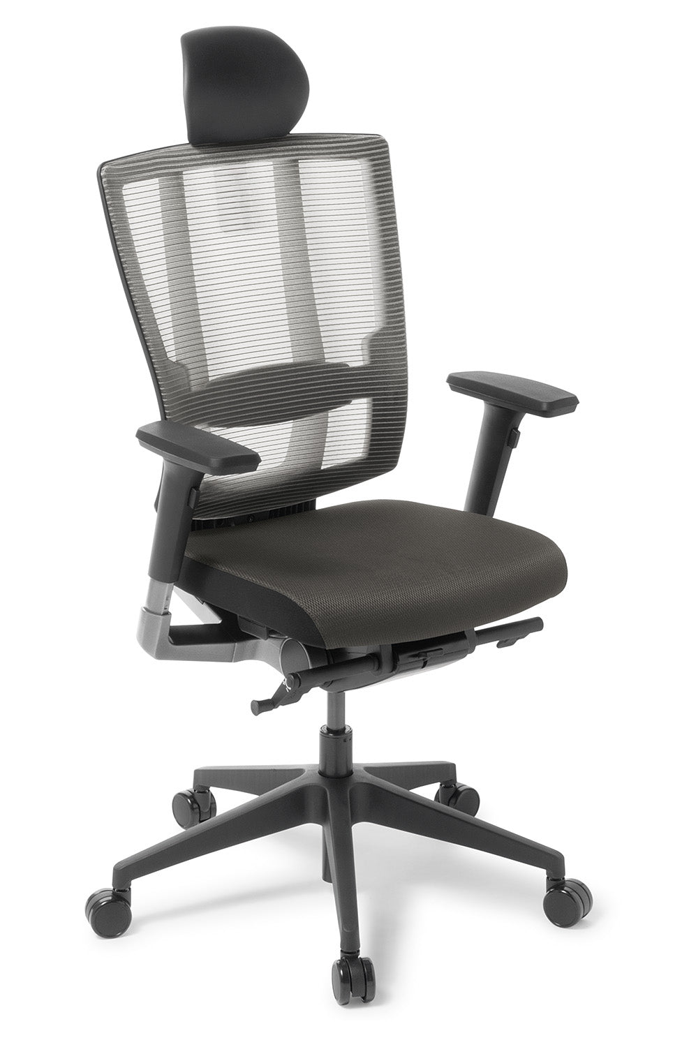 Black office chair with mesh back and adjustable arms with headrest