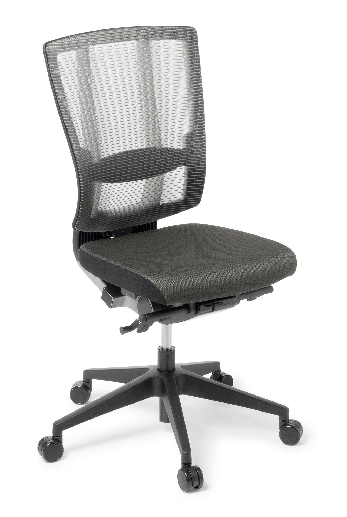 Black office chair with mesh back and swivel base on a white background no arms
