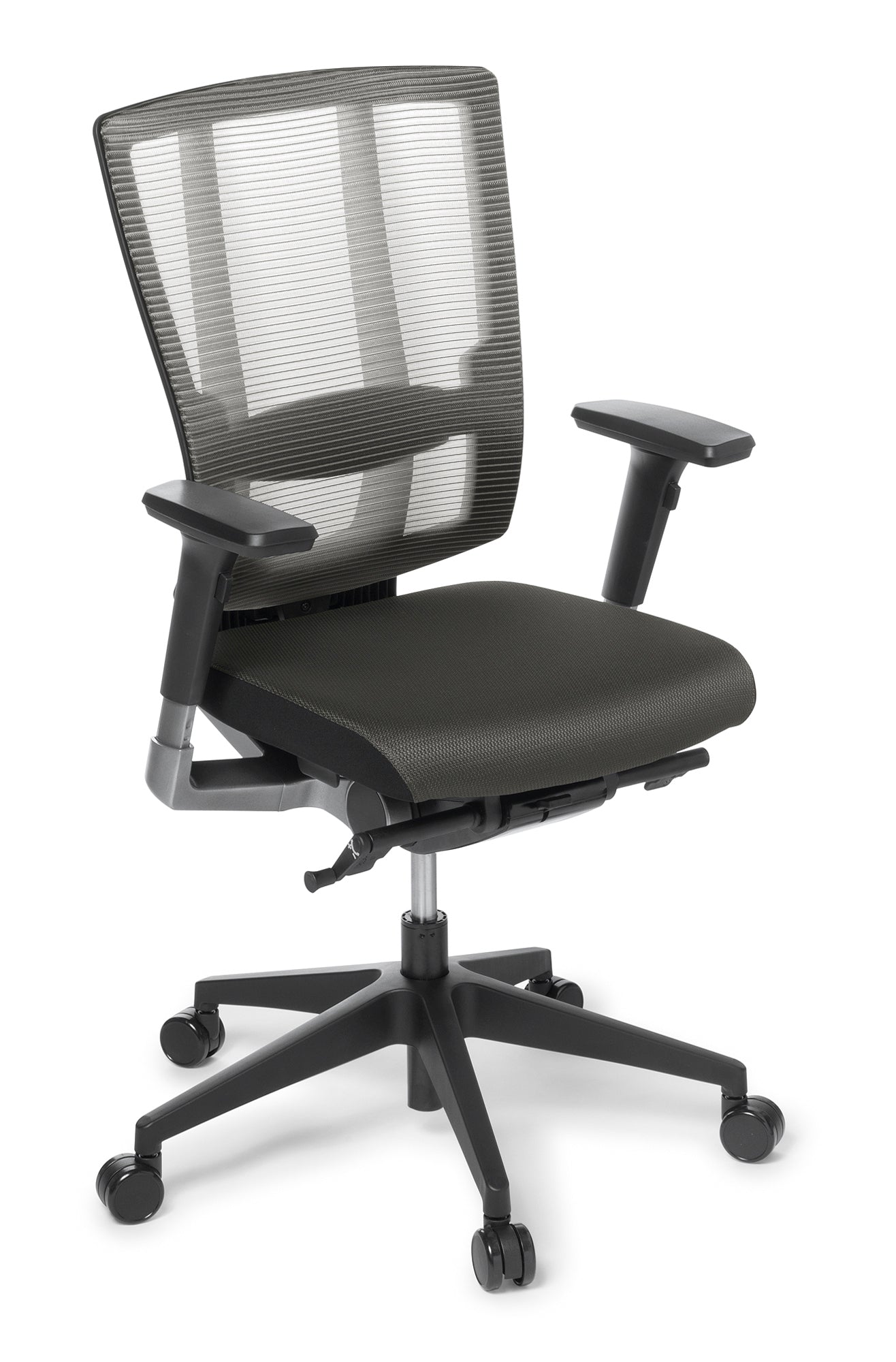 Black office chair with mesh back on a white background with arms