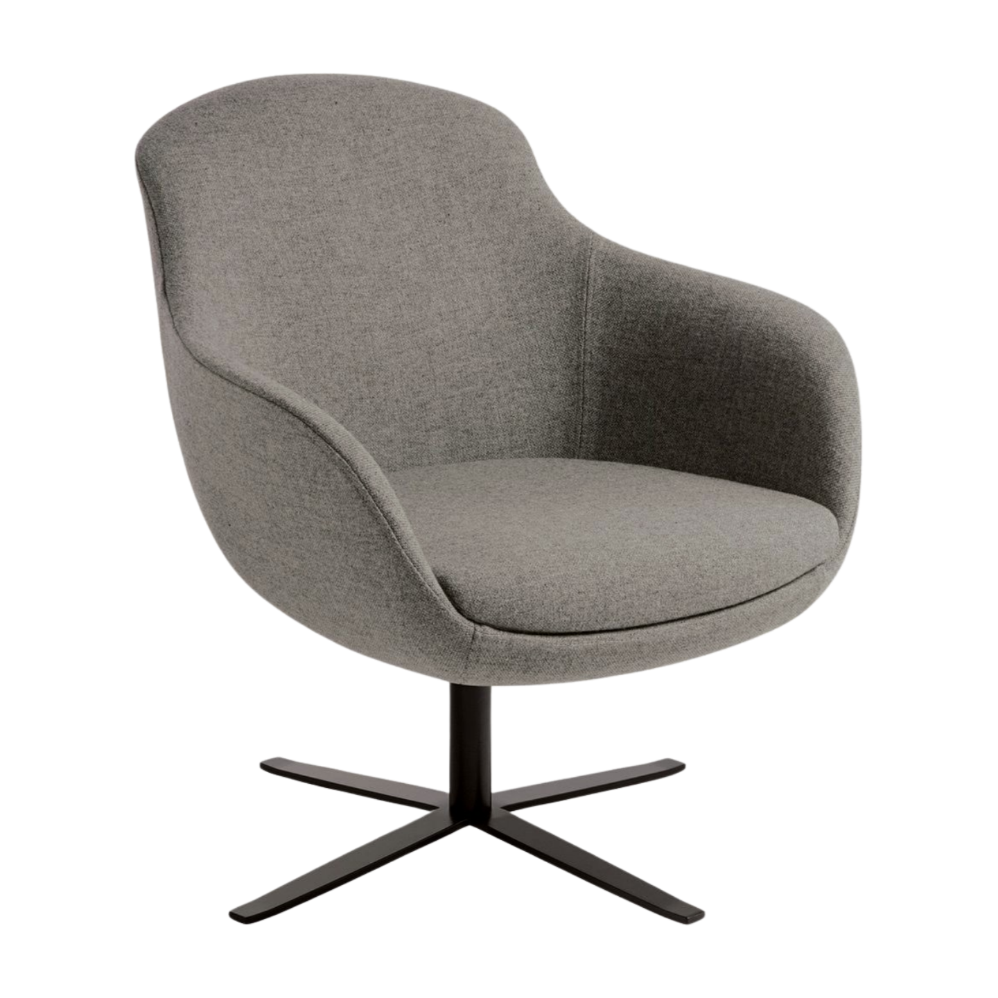 Gray swivel chair with a black base on a white background