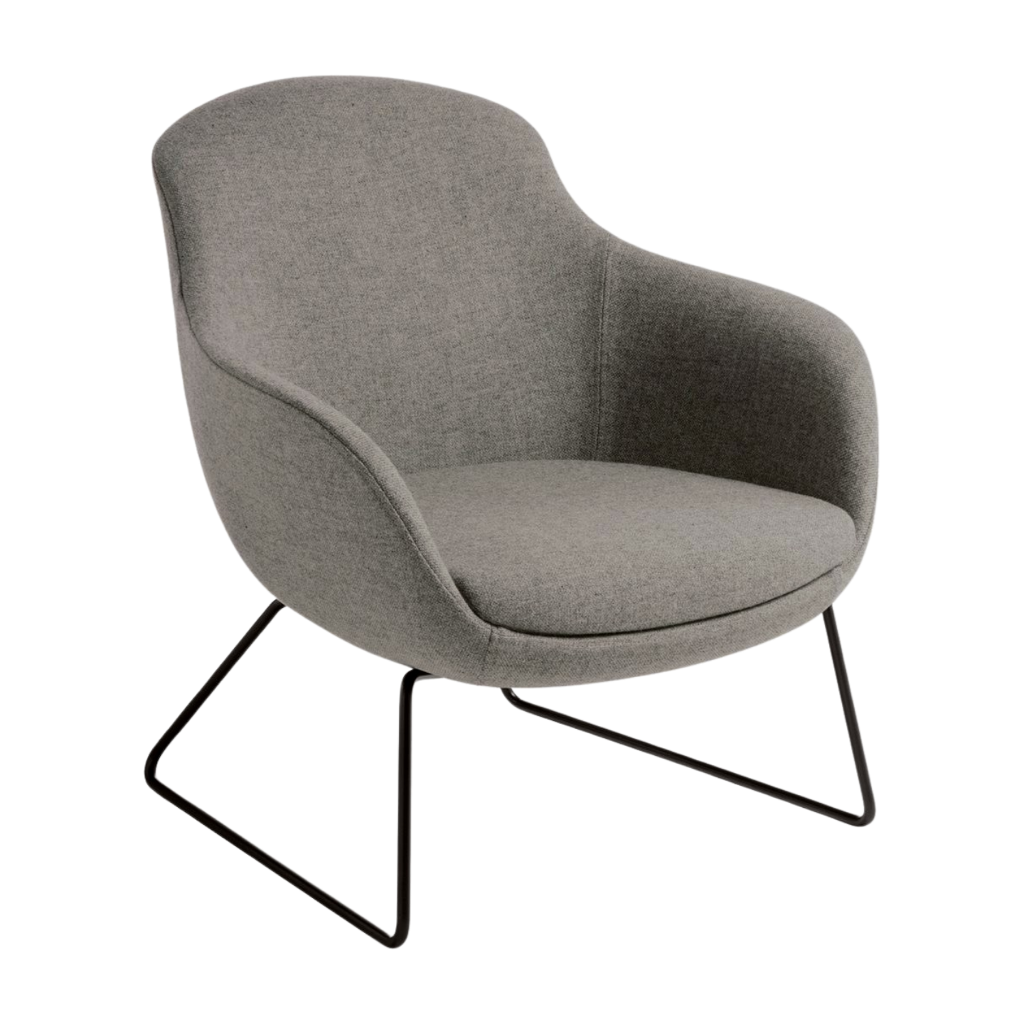 Gray upholstered chair with black metal legs on a white background