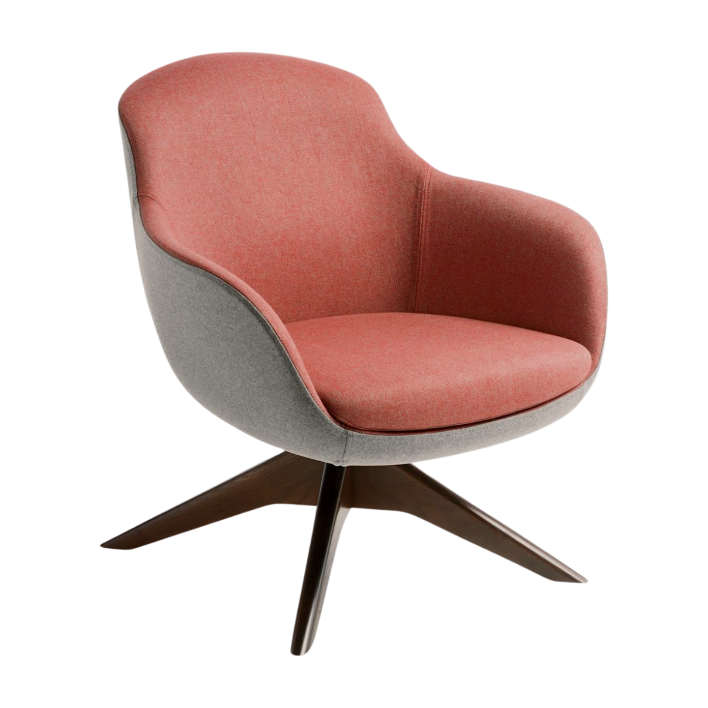 Modern armchair with pink cushioned seat and backrest on a white background
