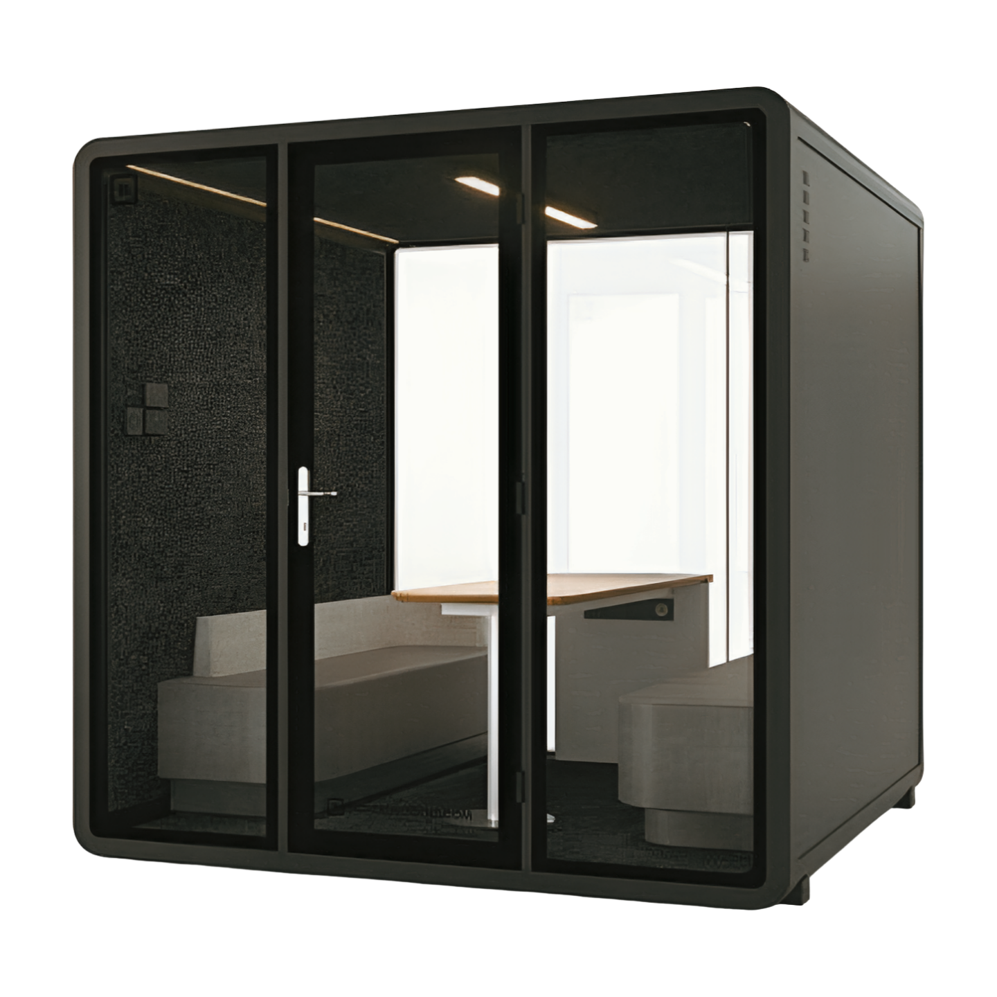 Modern office pod with glass walls and a desk inside on a white background