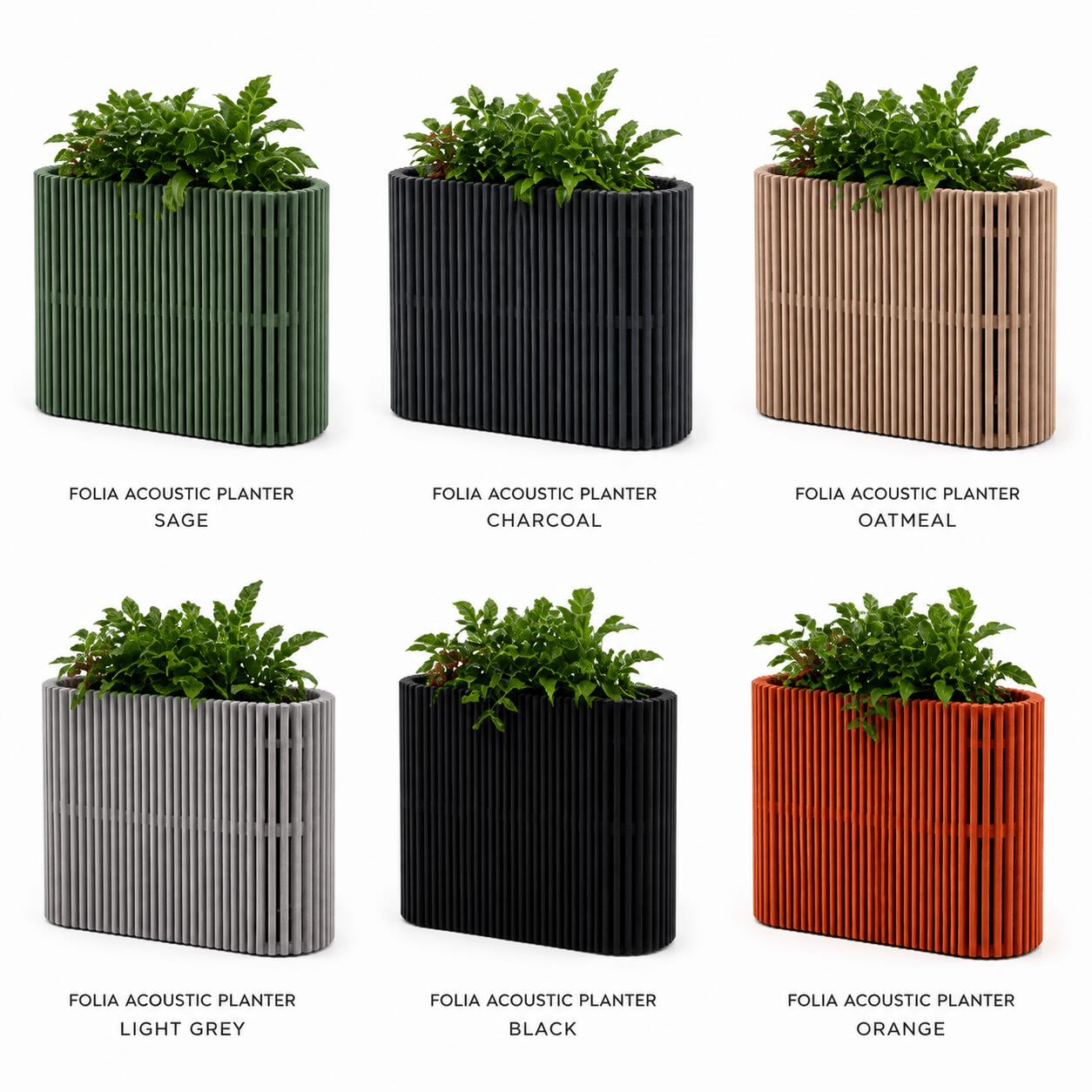 Six folia acoustic planters arranged in a 2x3 grid on a white background, each filled with green plants. The planters come in Sage green, charcoal black, oatmeal beige, light grey, black, and orange colors, with text labels underneath.