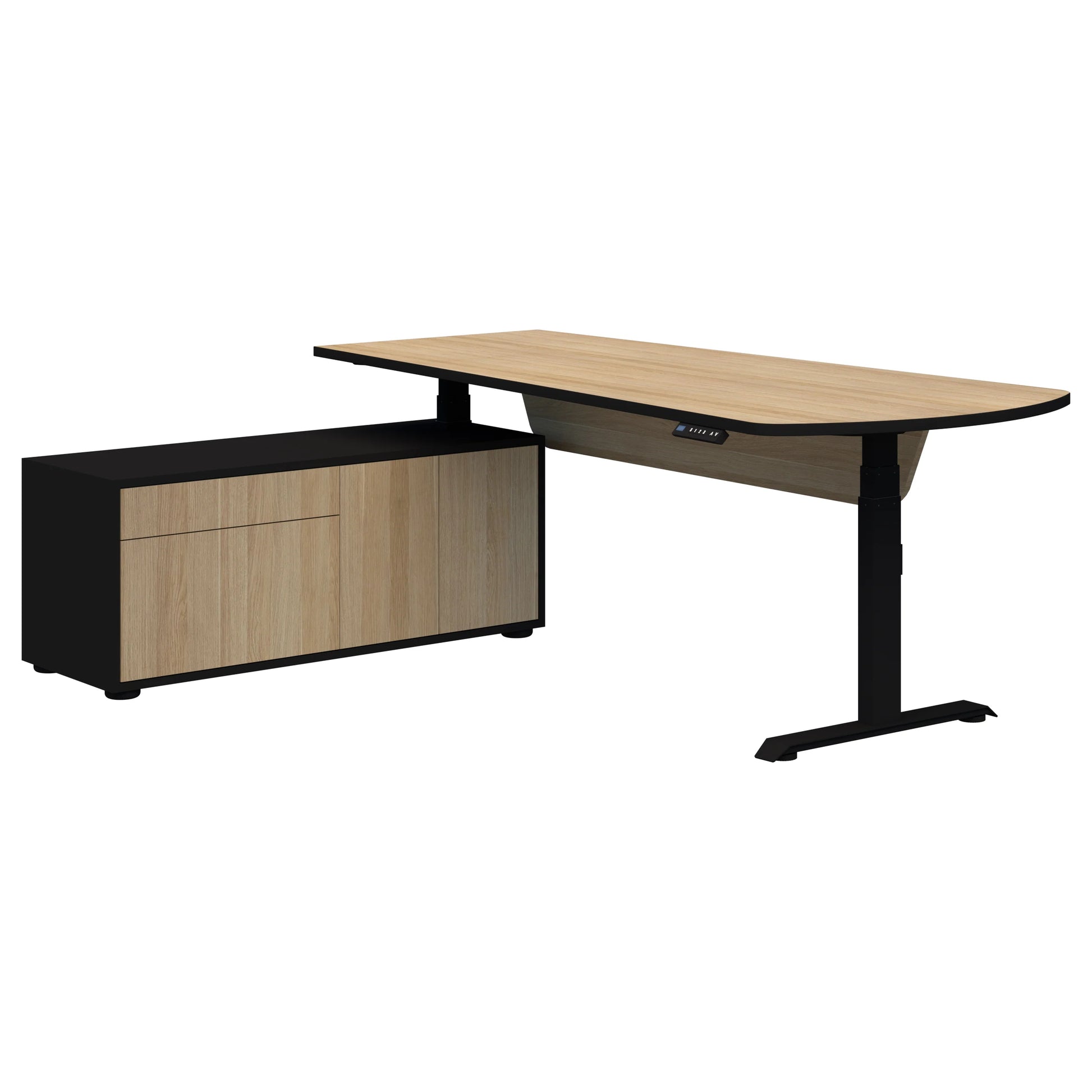 Wooden desk with black legs and side cabinet on a white background