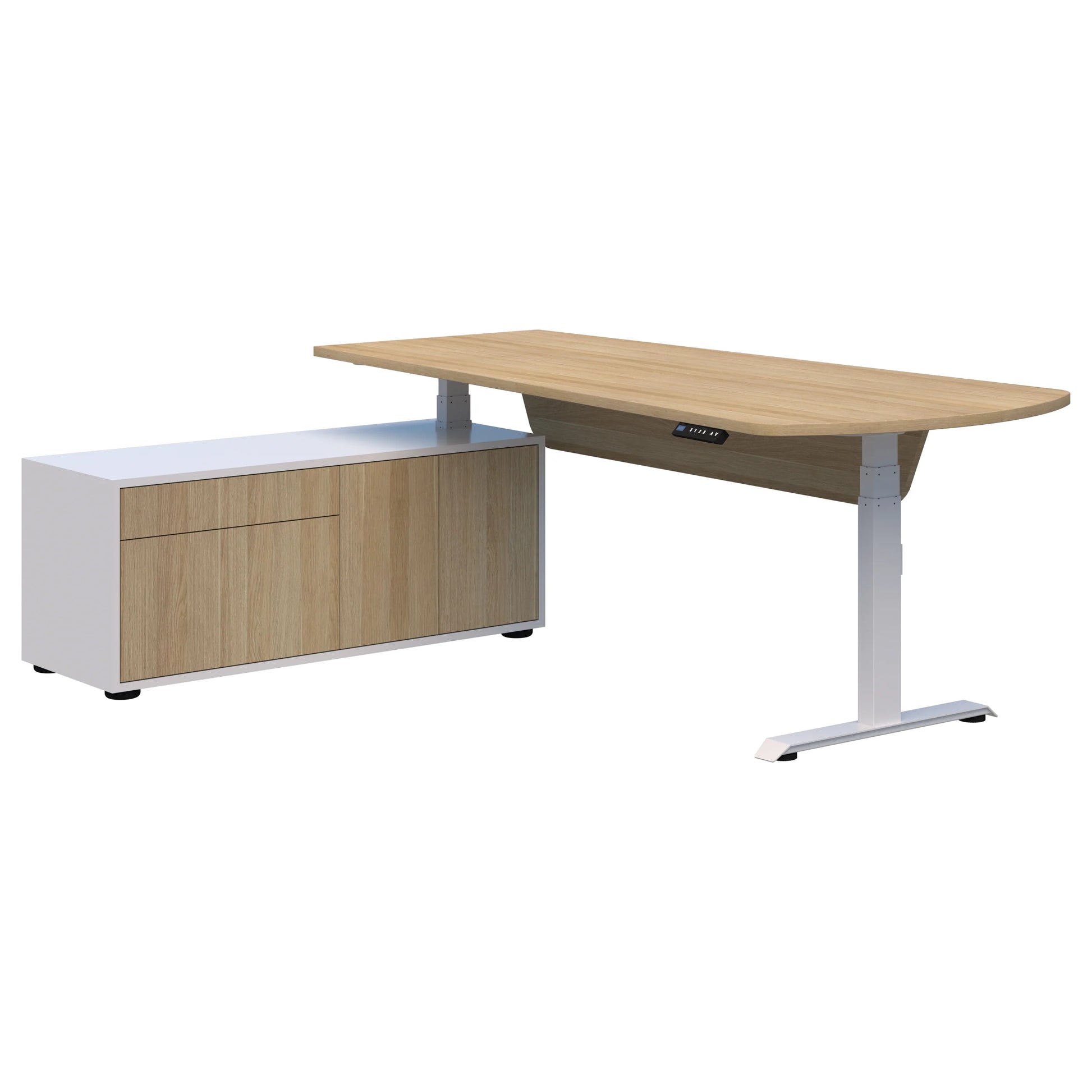 Wooden desk with white storage unit on a white background