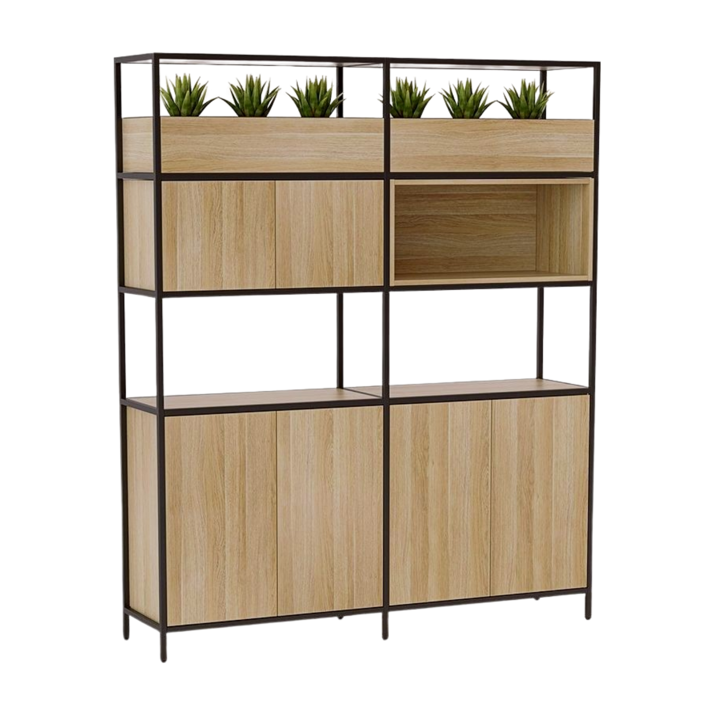 Wooden shelf with metal frame and planters on a white background