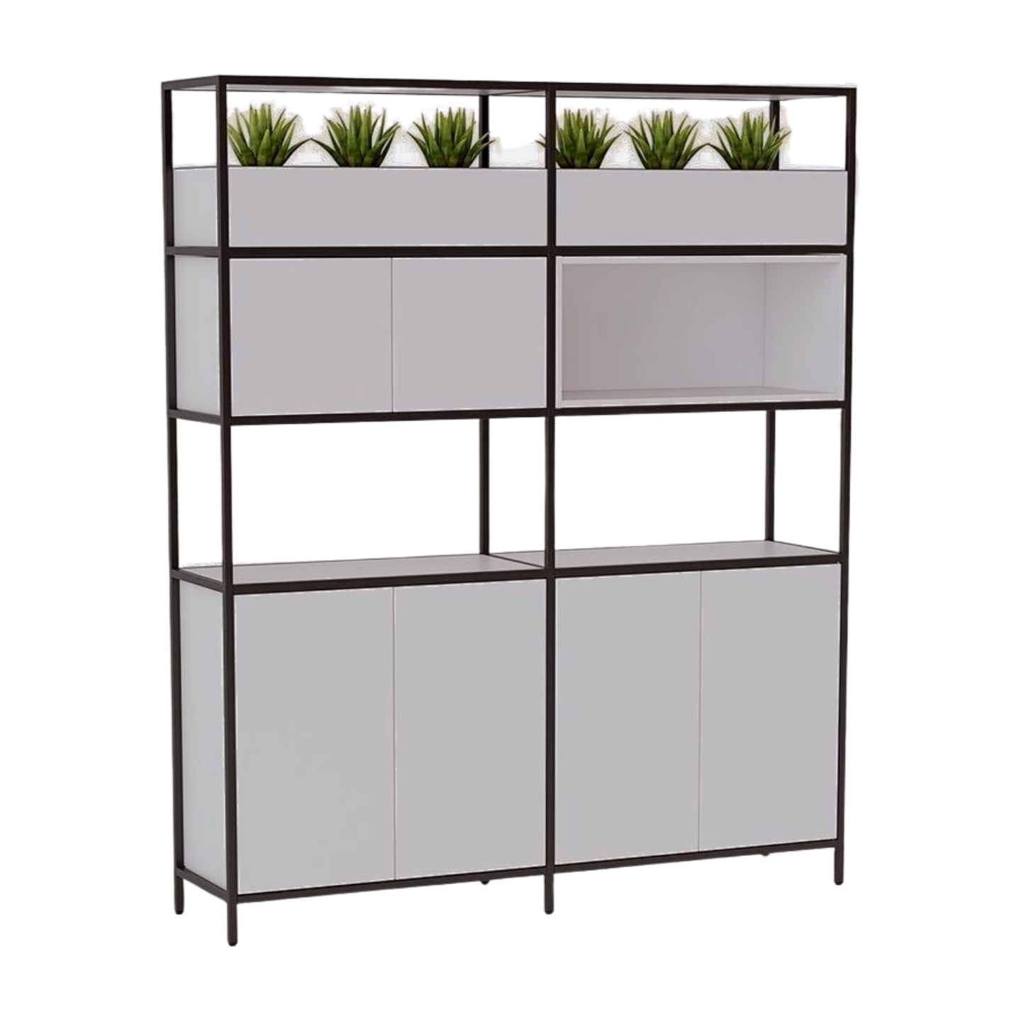 Modern shelving unit with black metal frame and gray shelves on a white background