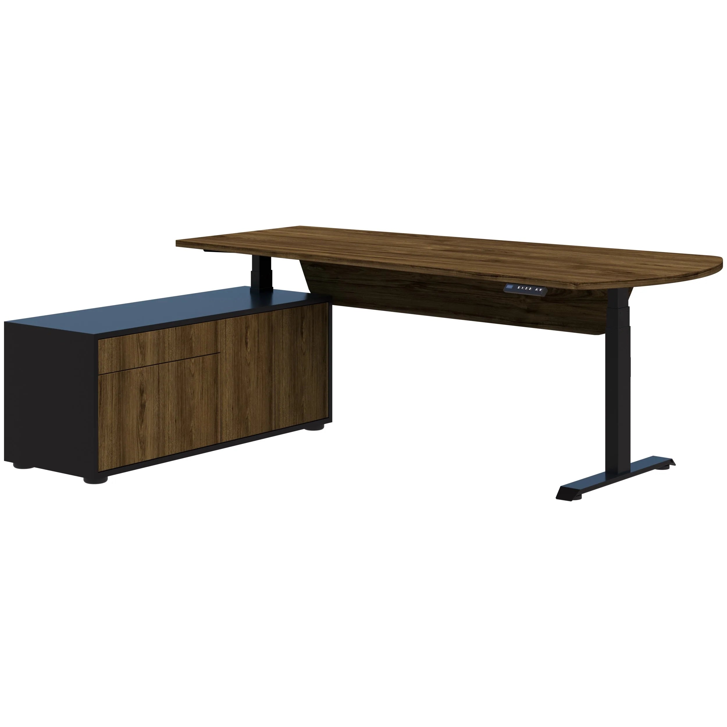 Wooden office desk with black legs and storage cabinet on a white background