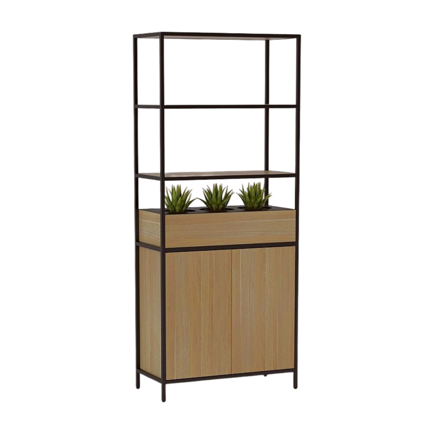 Tall wooden shelf with metal frame and plants on a white background