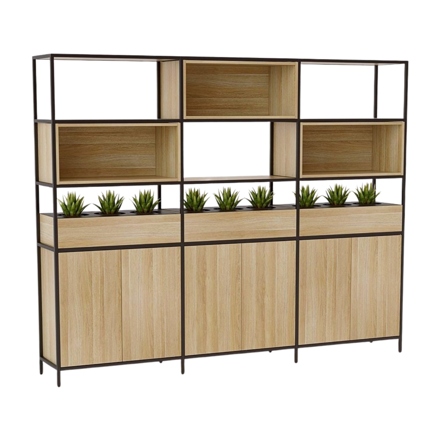 Wooden shelf with metal frame and planters on a white background