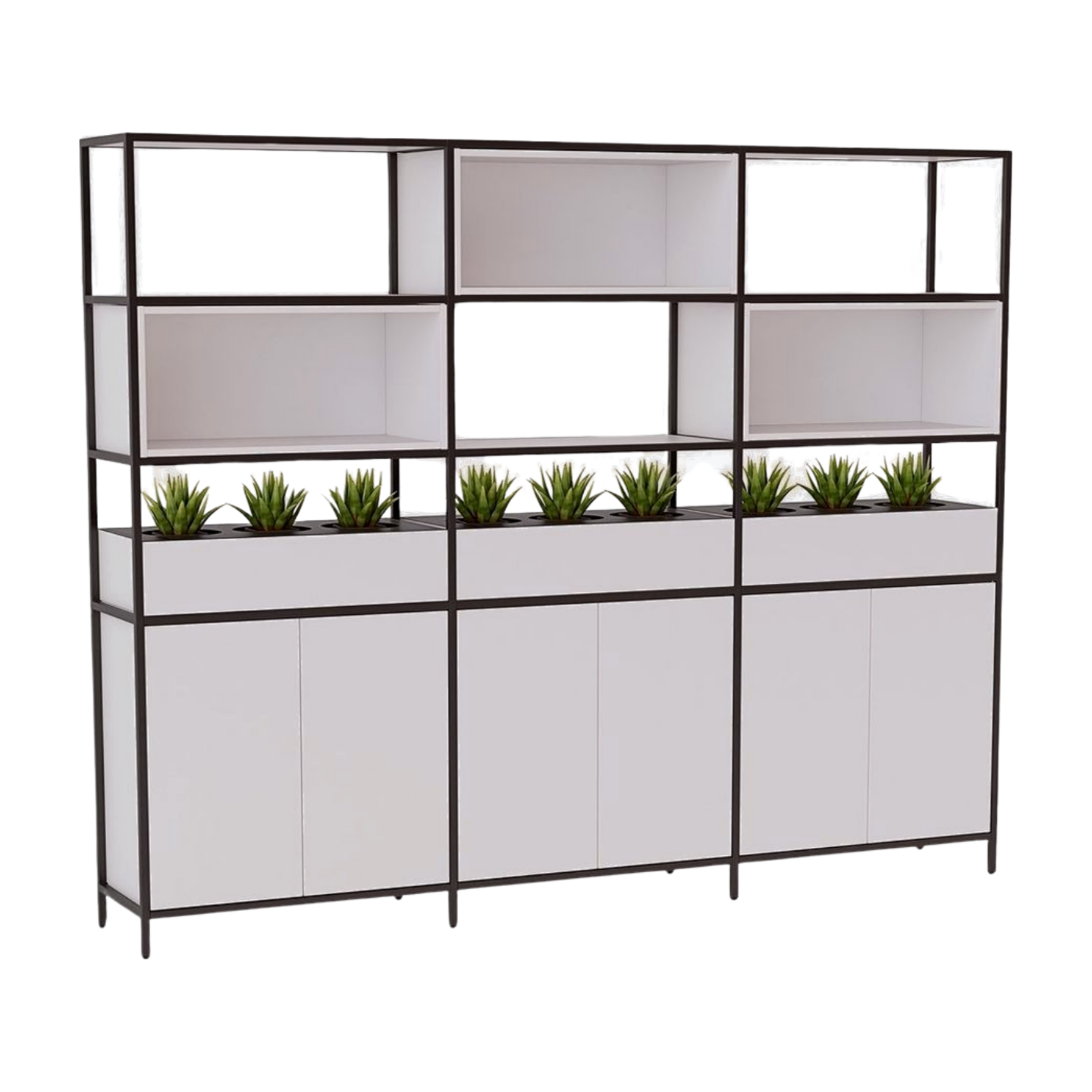 Modern room divider with planters and storage compartments on a white background
