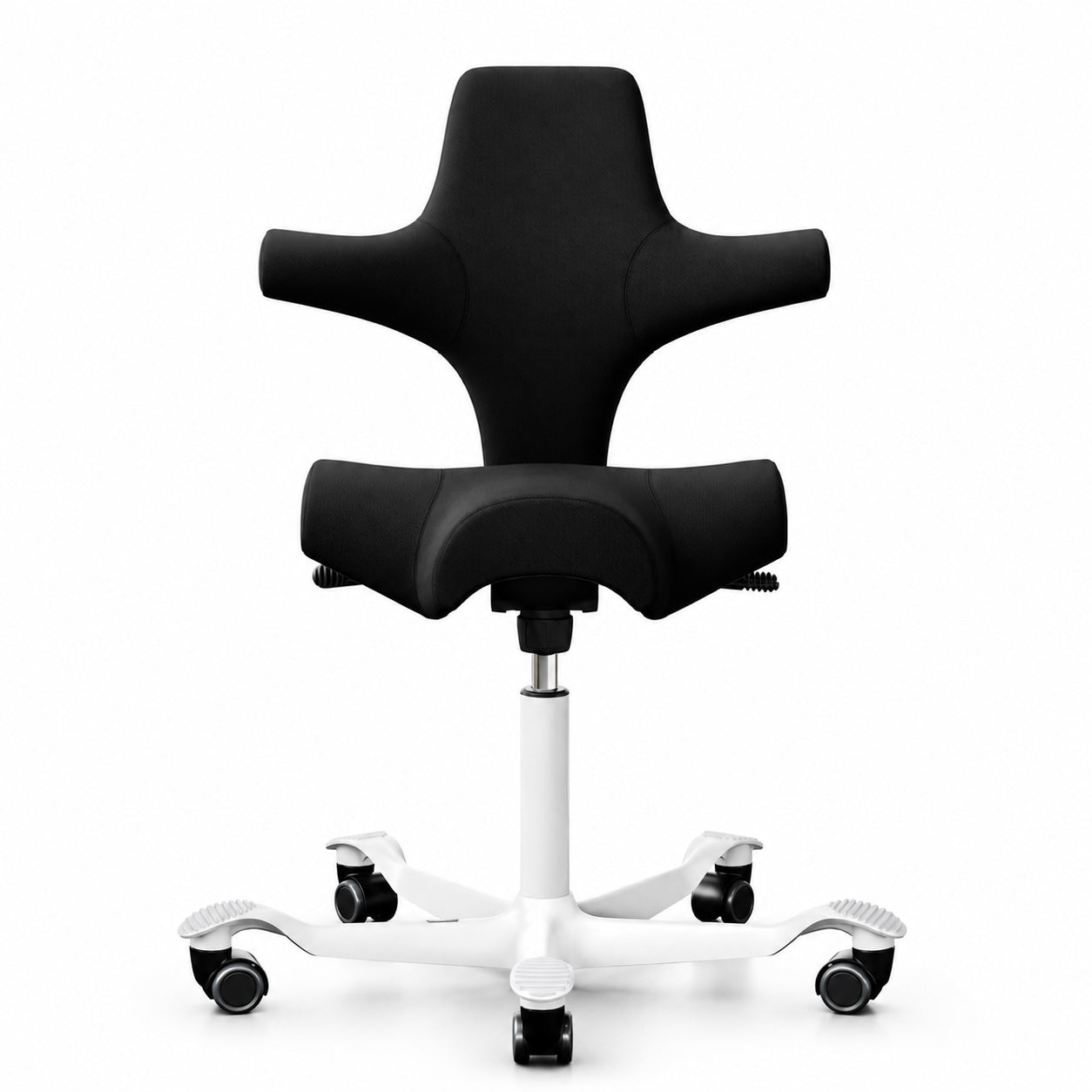 Black office chair with white base on a white background