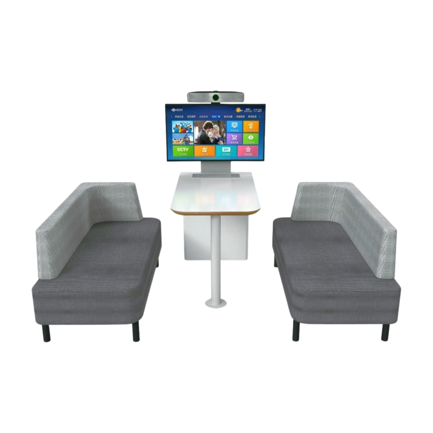Interactive touch screen table with two gray chairs on a white background