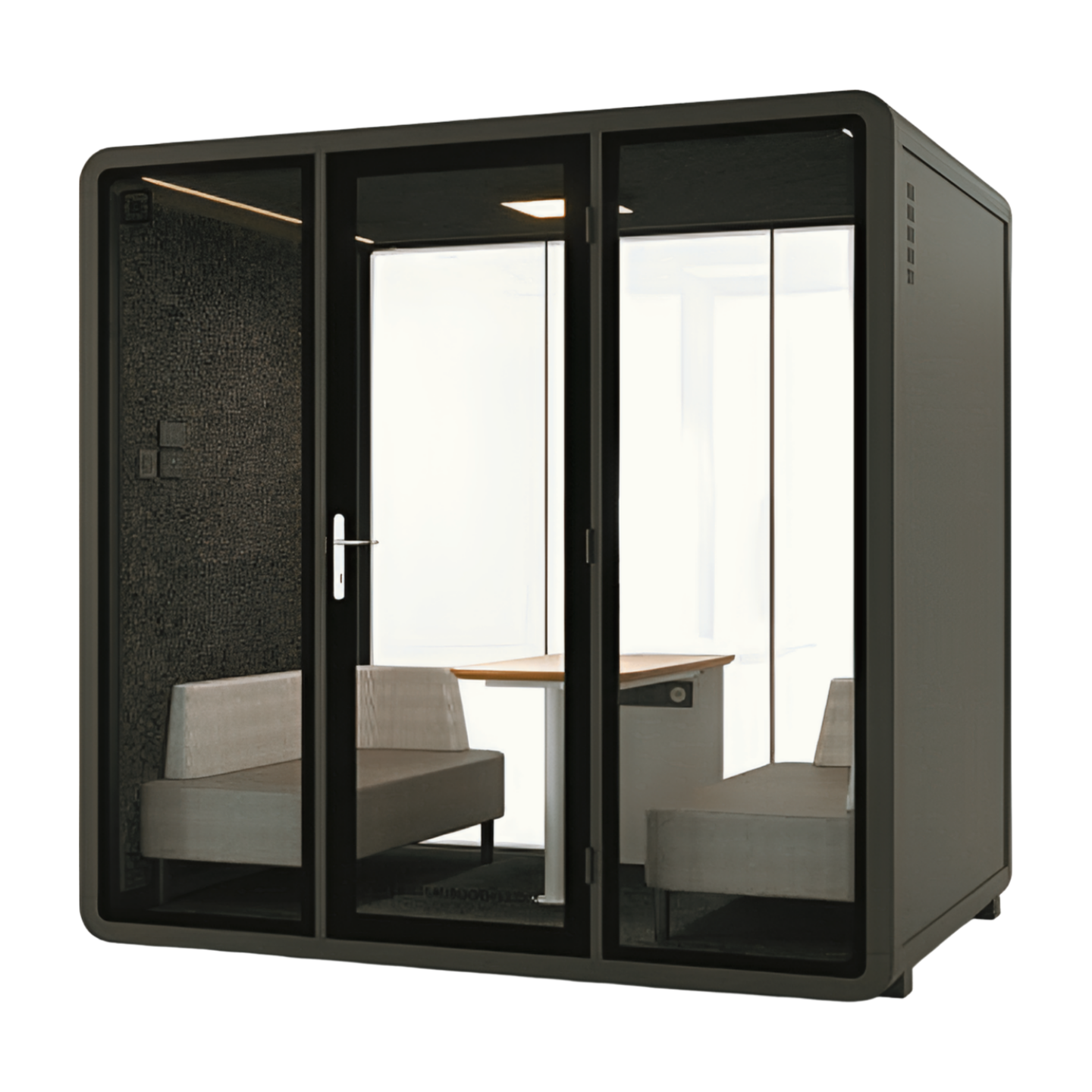 Modern office pod with glass walls and furniture on a white background
