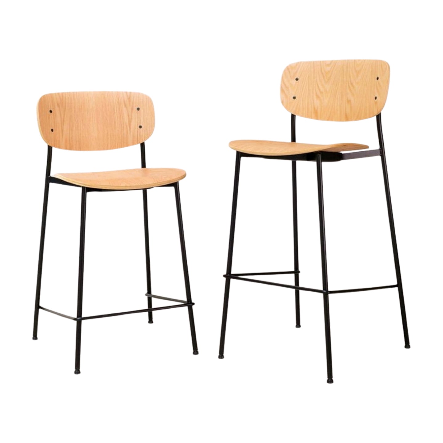 Two wooden bar stools with black metal legs on a white background