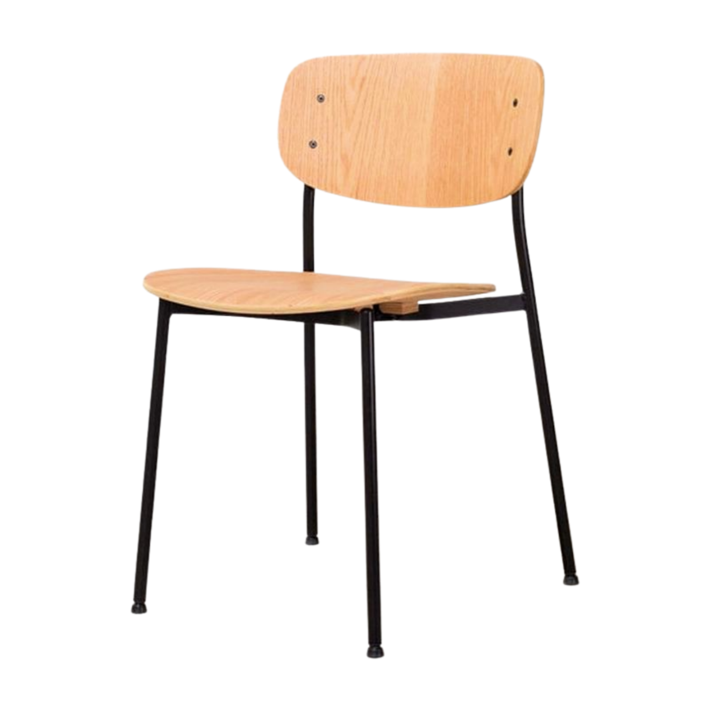 Chair with wooden seat and backrest on black metal legs against a white background ash timber
