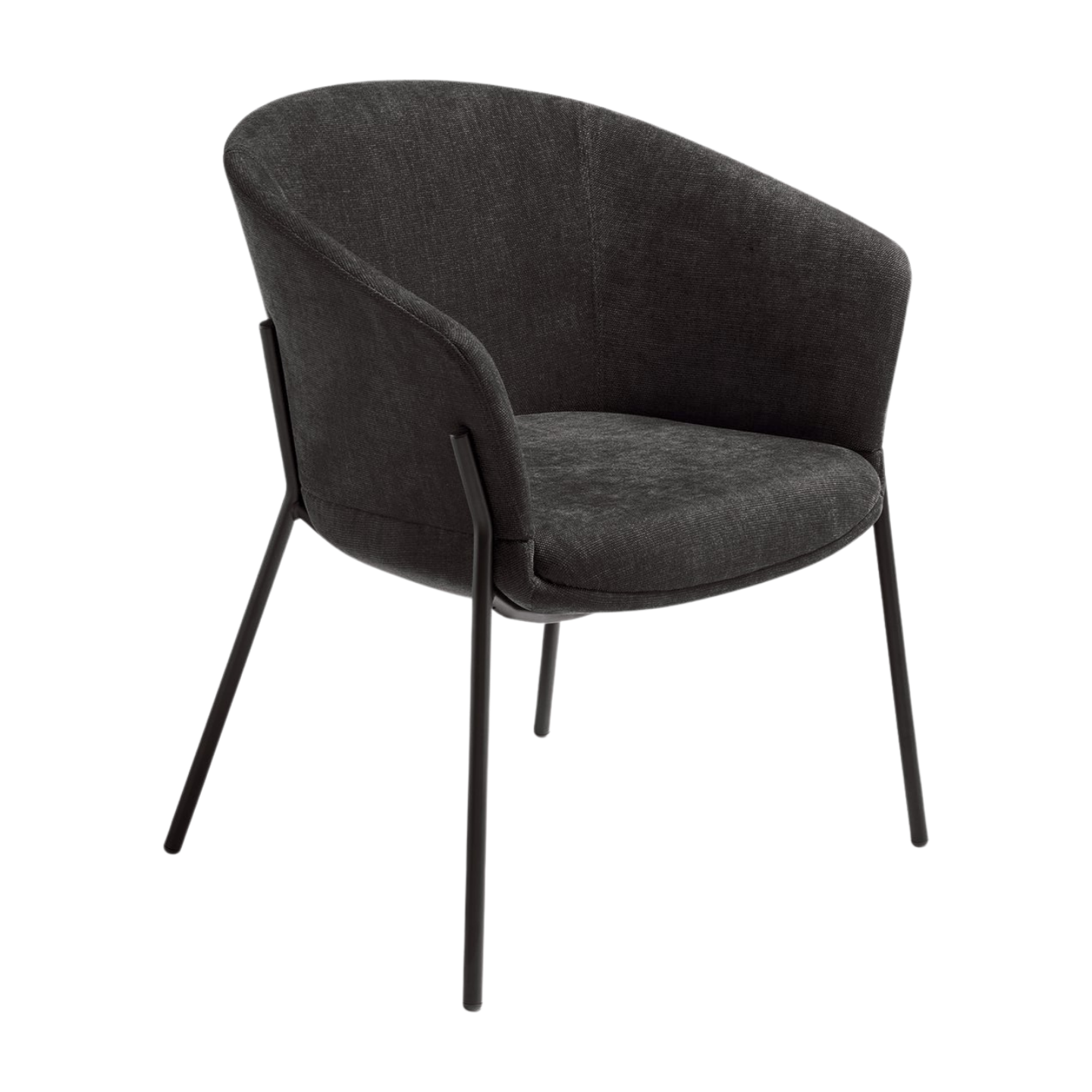 Dark gray upholstered chair with black metal legs on a white background