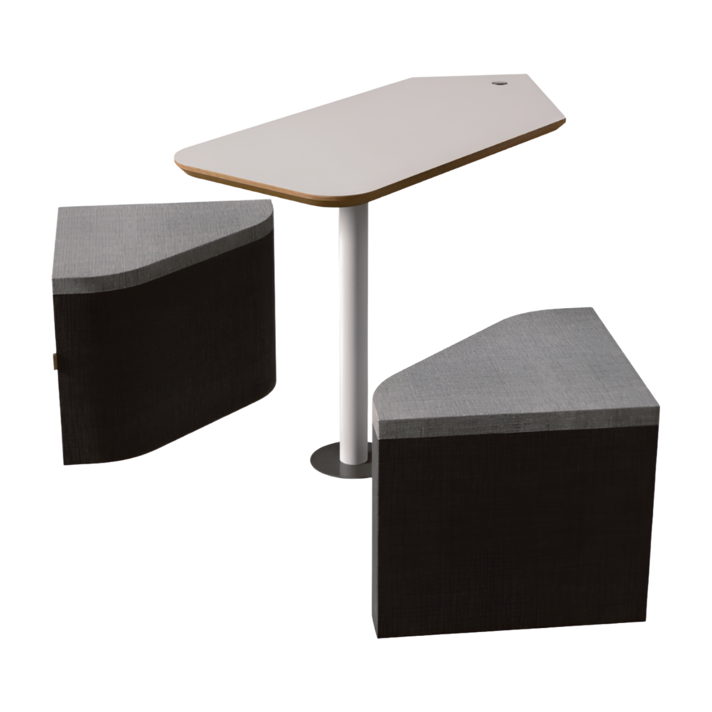 Modern corner desk with a white top and black sides on a white background