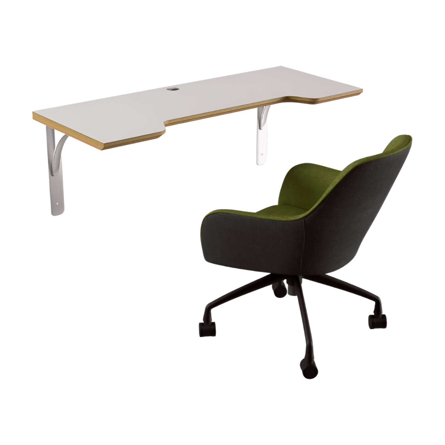 Corner desk with a green office chair on a white background
