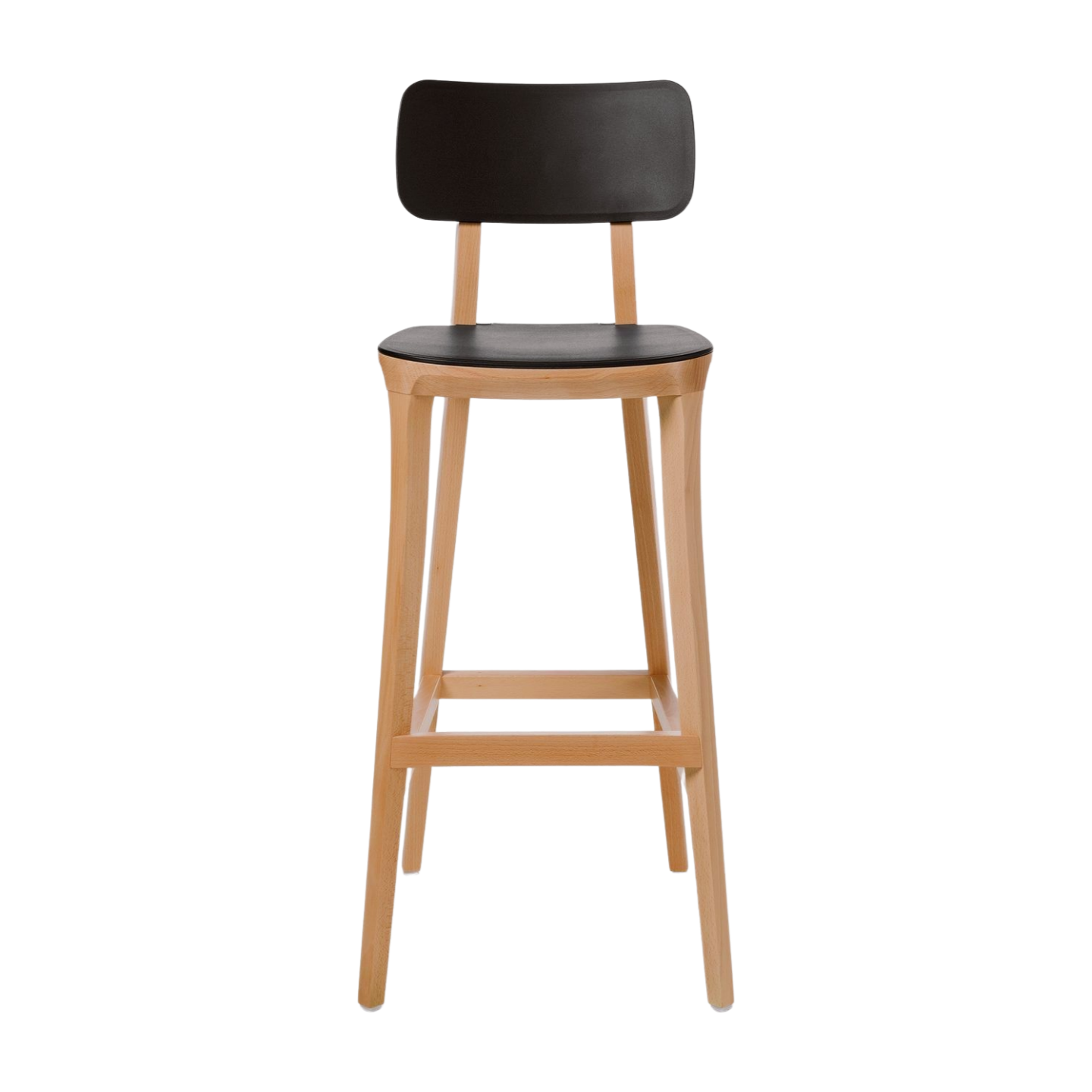 Bar stool with black seat and backrest on a white background