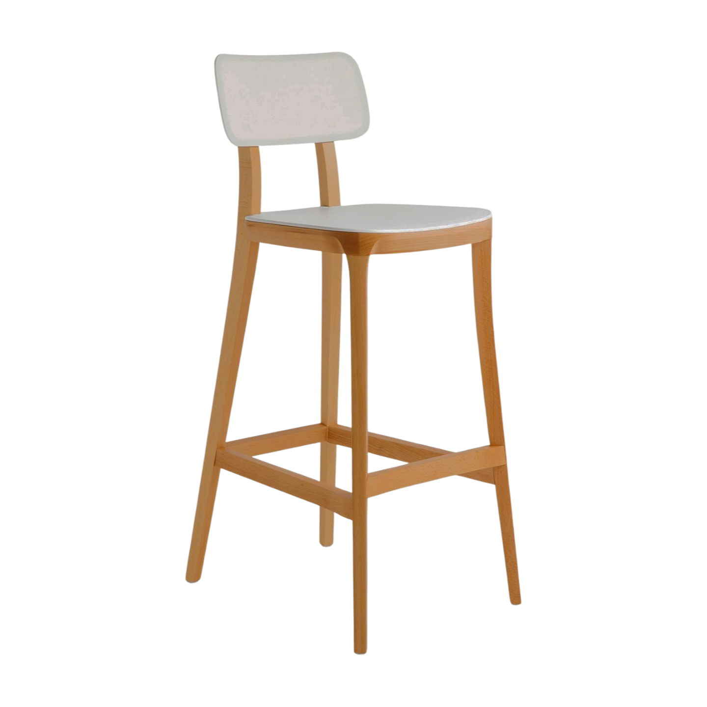 Bar stool with wooden frame and white seat and backrest on a white background