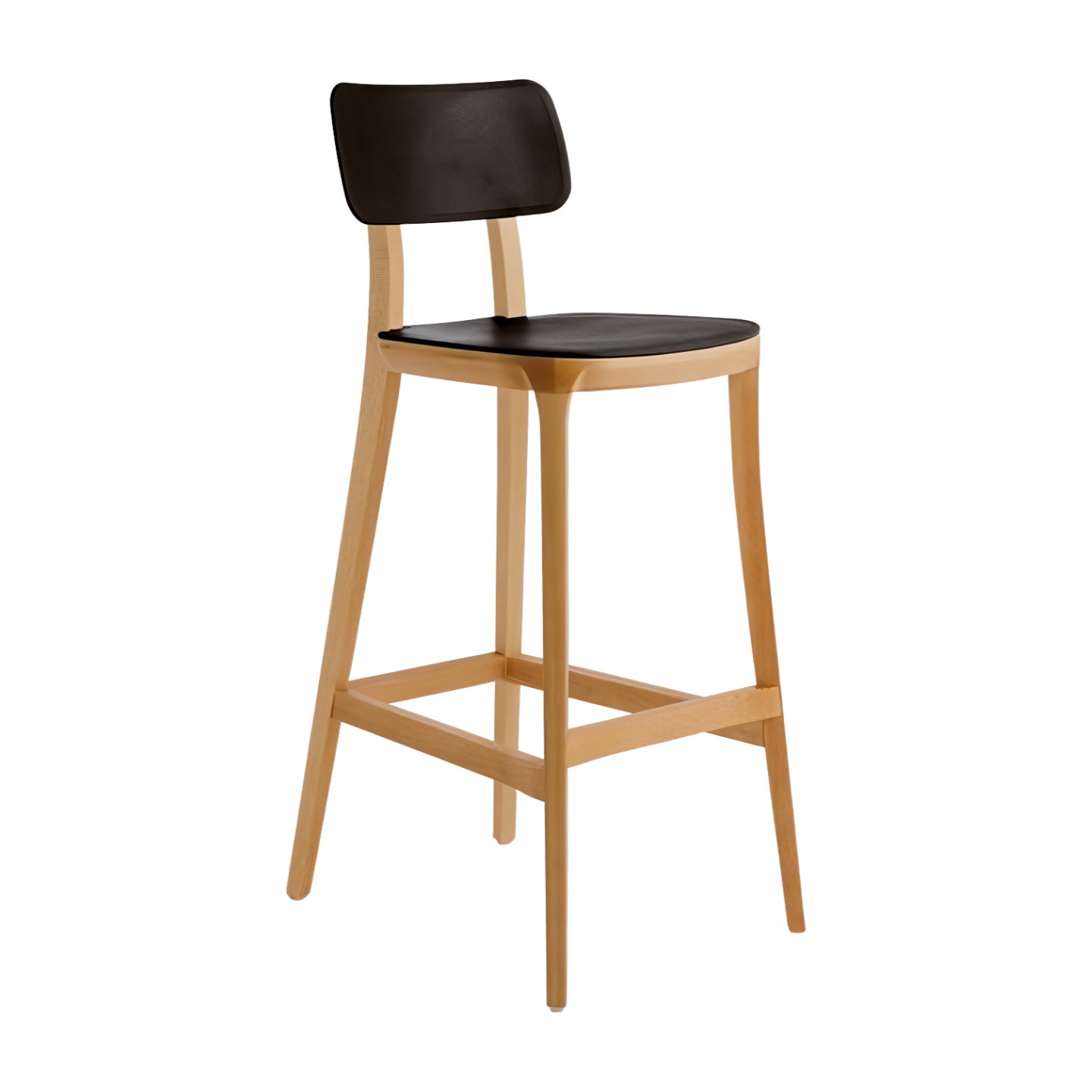 Bar stool with black seat and backrest on a white background