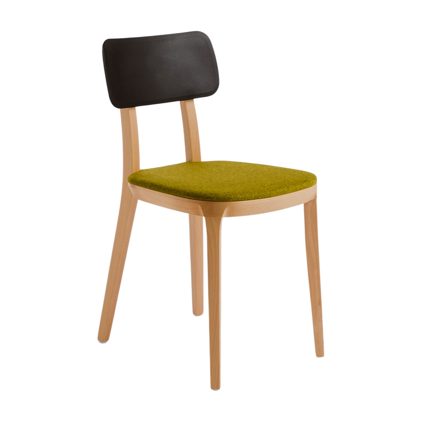Chair with black backrest and green seat on a white background