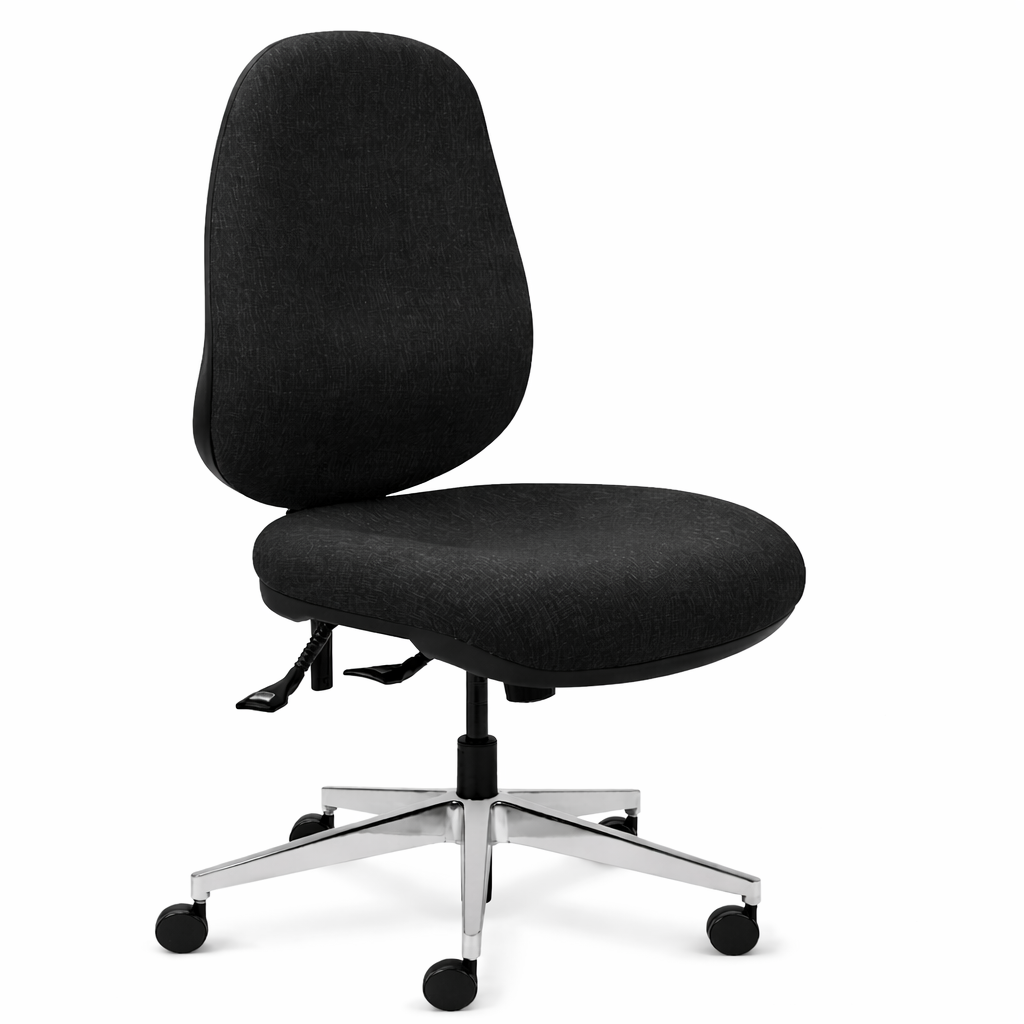 Black office chair with a chrome base on a white background